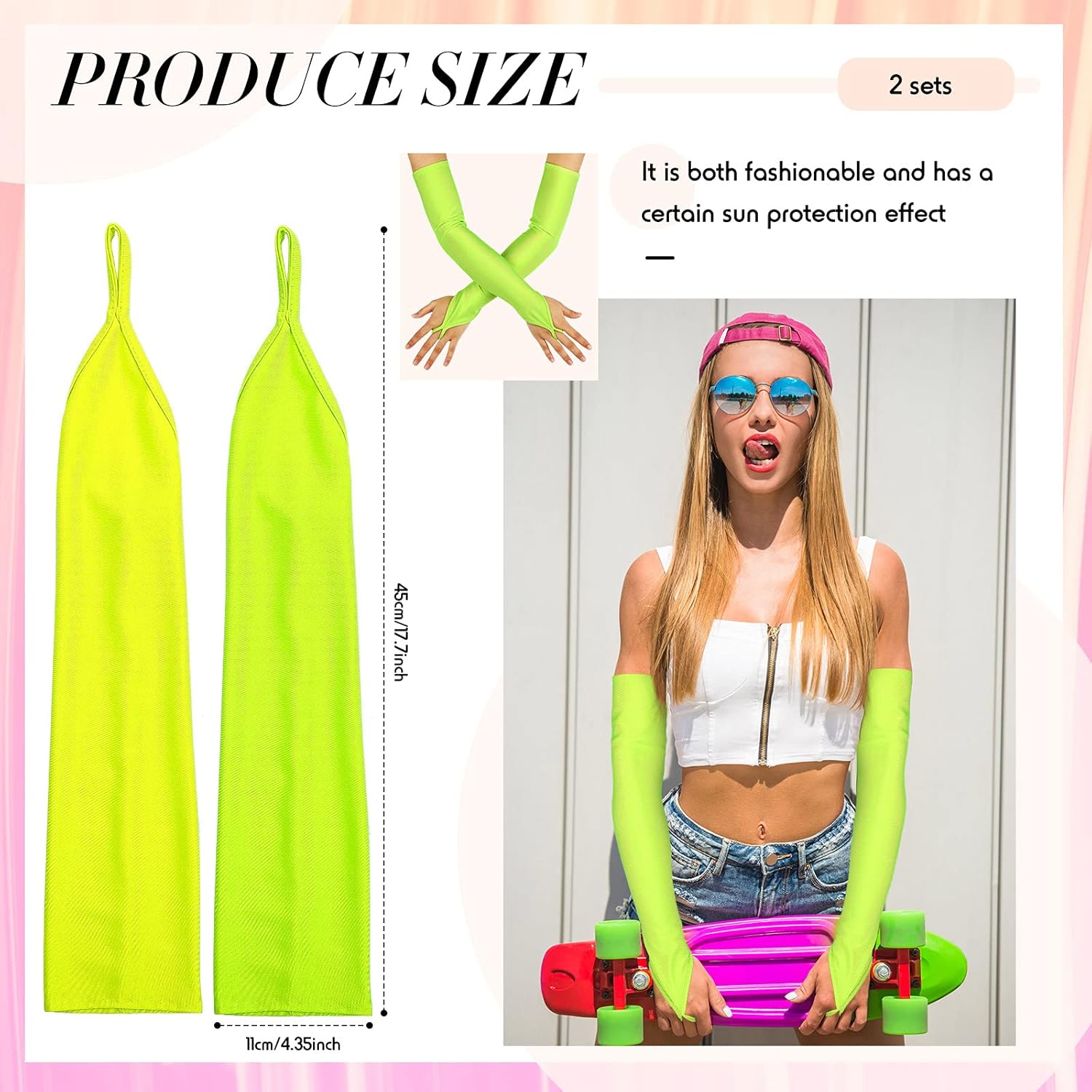 Boyiee 2 Pairs 80s Neon Stretchy Spandex Fingerless Gloves Ring Style over Elbow Cosplay Catsuit Opera Long Gloves(Green, Yellow) - Image 2
