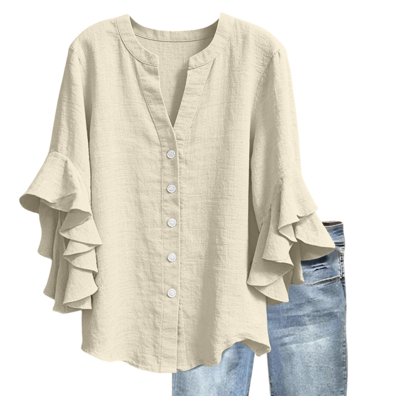 3/4 Ruffle Sleeve Cotton Linen Shirts for Women Dressy V Neck Beach Tunic Tops Elegant Summer Casual Work Blouses