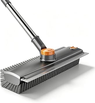 360 Rotatable Floor Scrub Brush - 55 Inch Adjustable Long Handle 2in1 Scrub Squeegee Hidden Hair Catcher V-Type Gap Cleaner for Bathroom Kitchen Patio Gray