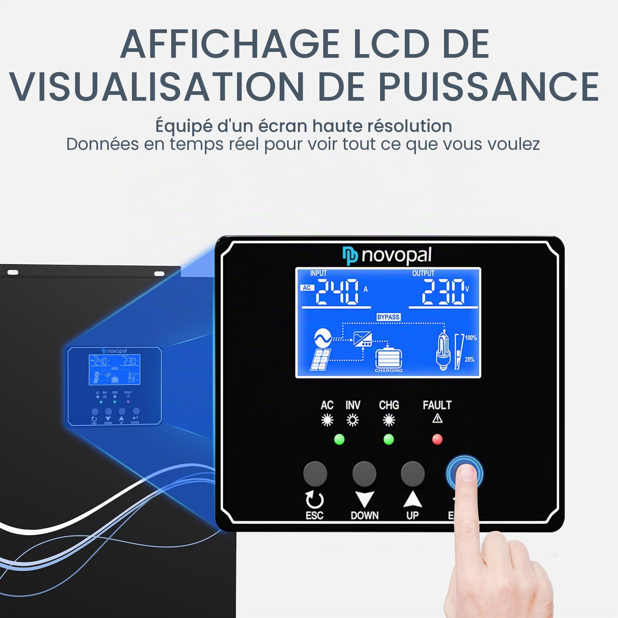 NOVOPAL 3000W Onduleur Hybride 24V DC à 230V AC Off Grid Pur Sinus Solar Convertisseur avec 80A MPPT régulateur de Charge PV Maximum 450V DC