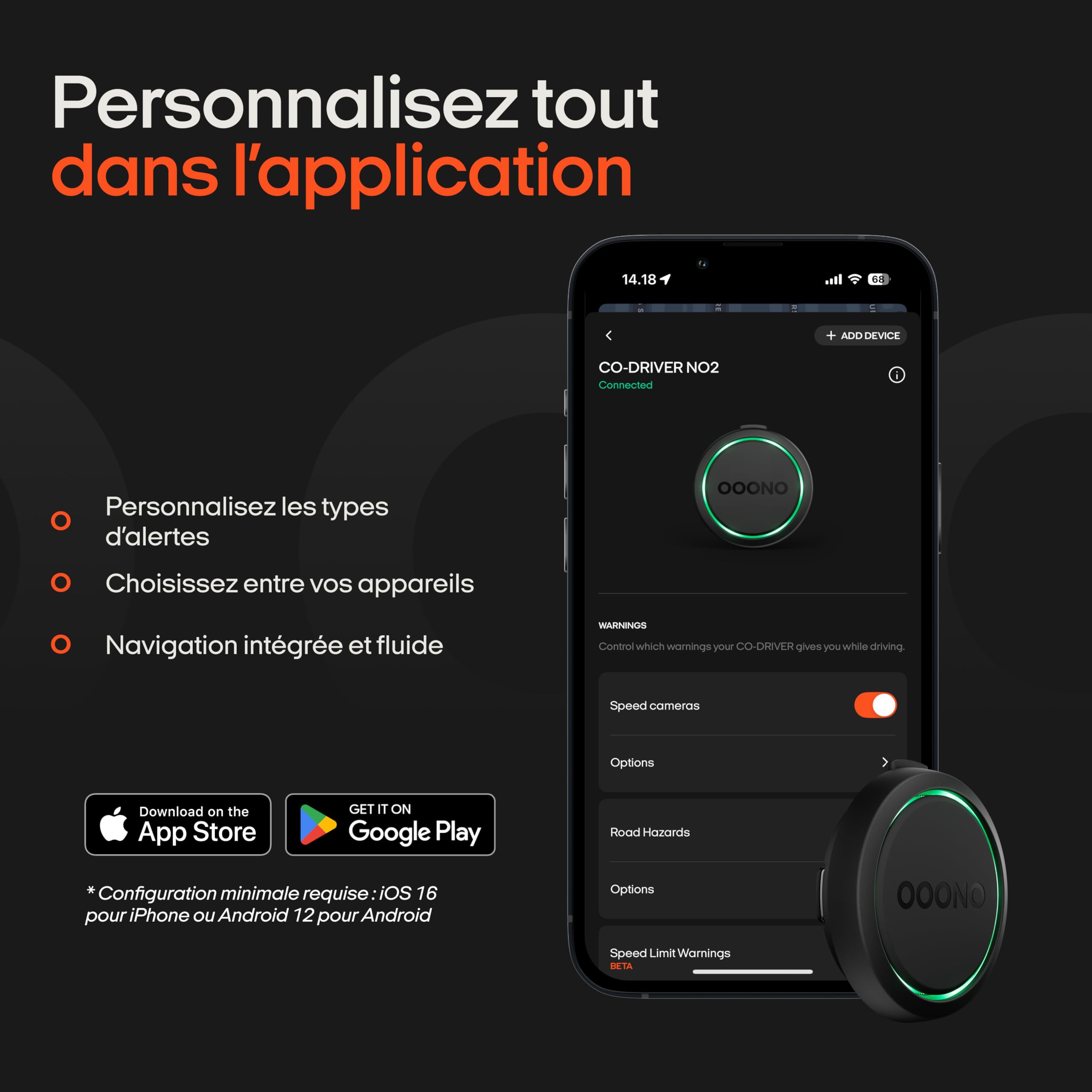 OOONO Co-Driver NO2 – Détecteur de radars avec alertes de radars de Section, de Vitesse et Dangers de la Route – sans Abonnement, Installation Facile, Alertes en Temps Réel, Longue Autonomie