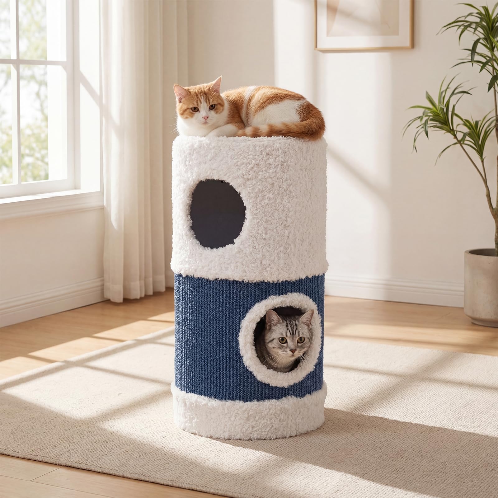 COSTWAY Kratztonne, Ø 35 cm, 66 cm hoch, Katzentonne mit Sisal-Kratzmatte, 2 Katzenhöhlen, Bett & Plüschrand, Kratzbaum für kleine und mittelgroße Katzen, Katzenbaum bis 15 kg, Blau