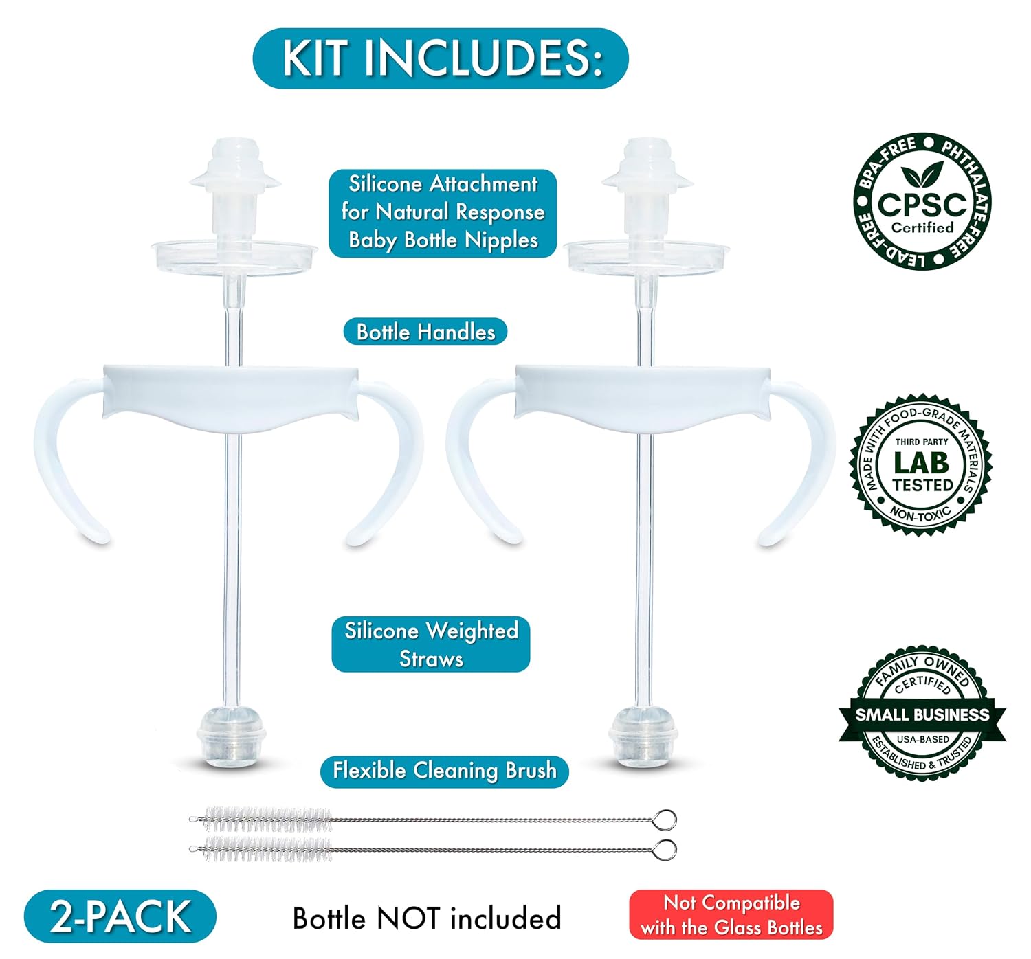Self-Feeding Kit for Philips Avent Natural Baby Bottles 2-Count, Weighted Straw Attachment for Natural Response Nipples with Bottle Handles and Cleaning Brush, 4+ Months (for Plastic Bottles)