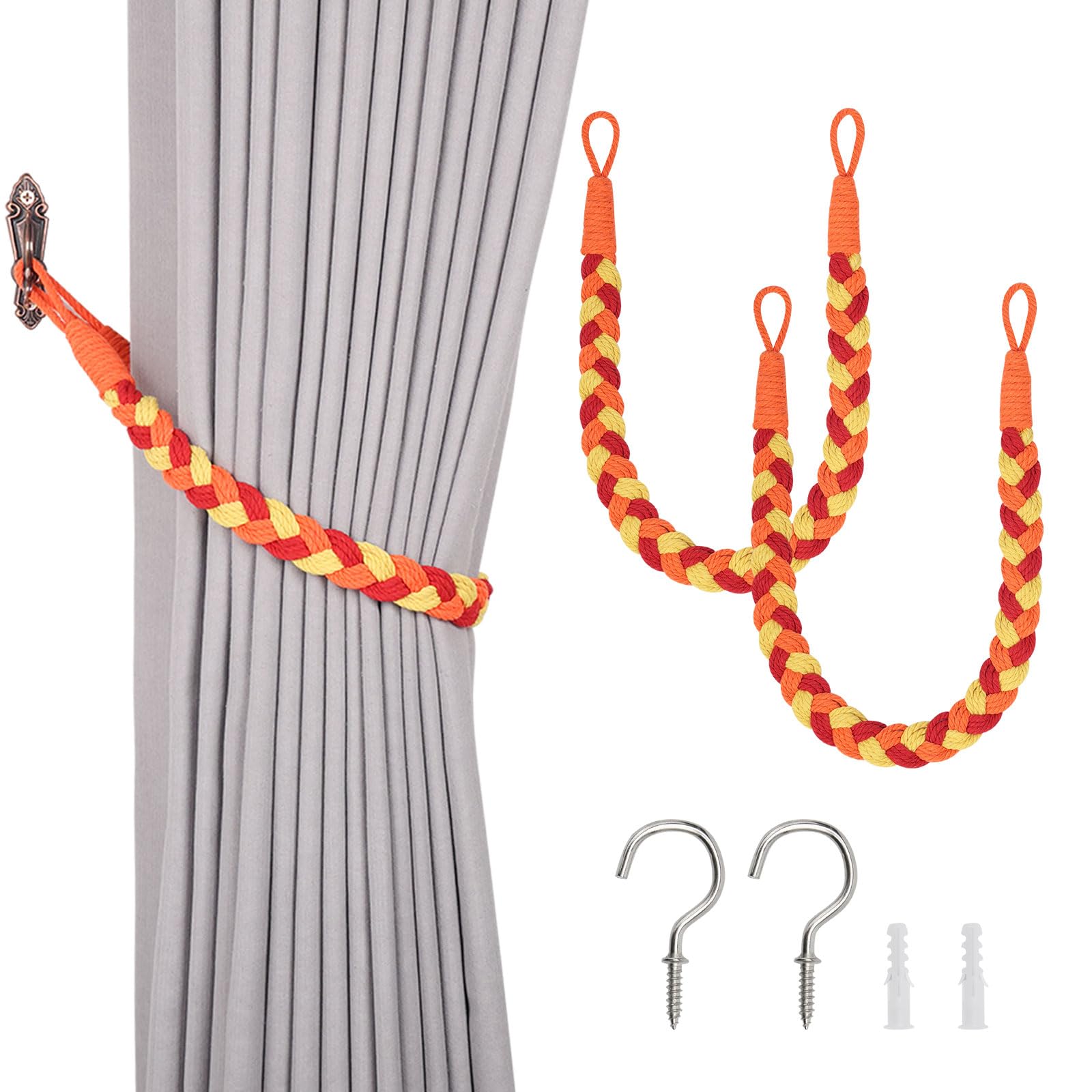 Pretty Jolly 2 Pack Natural Cotton Rope Curtain Tiebacks Elegant Boho Style Decorative Drape Tie Backs Soft Hand-Woven Rope Curtain Holdbacks with Metal Hook for Home & Office Drapery (Sunfire)