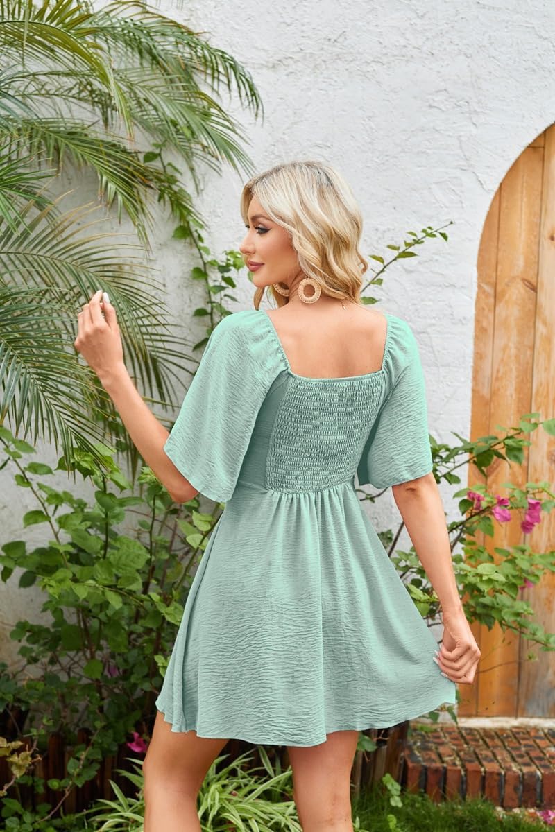 Women's Summer Flowy Short Dress Short Sleeve Deep V Neck Knot Front Mini Dresses - Image 4