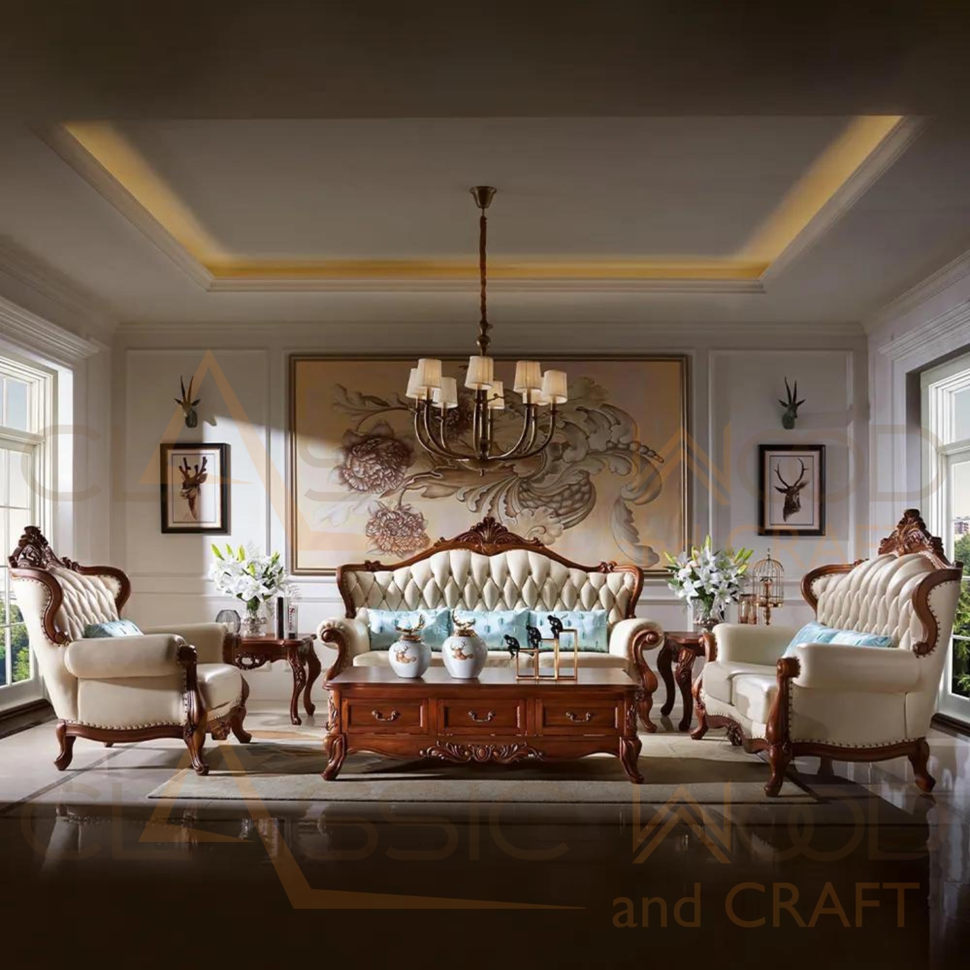 Classic Wood and Craft 6 Seater Teak Wood Sofa Set with Centre Table Victorian Sofa Set in Natural Finish and Premium Leather Royal Leather Sofa Living Room Furniture-image-45