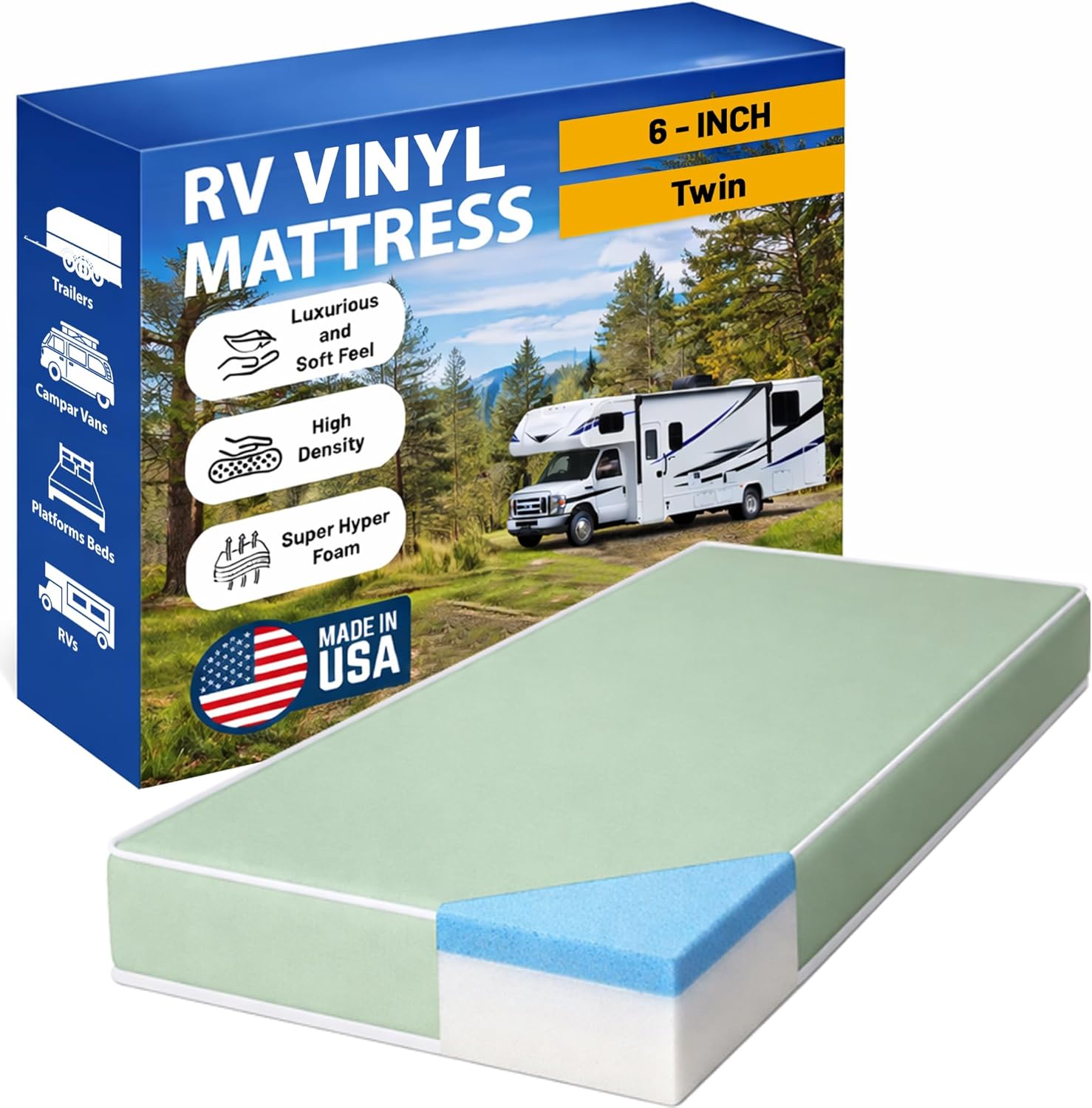 Greaton, 6-Inch Gel Memory Foam RV Mattress Replacement with Vinyl Cover, Medium Firm & Waterproof, Travel Camper Trailer Truck and Bunk, Pressure-Relief Support, Made in USA, Twin