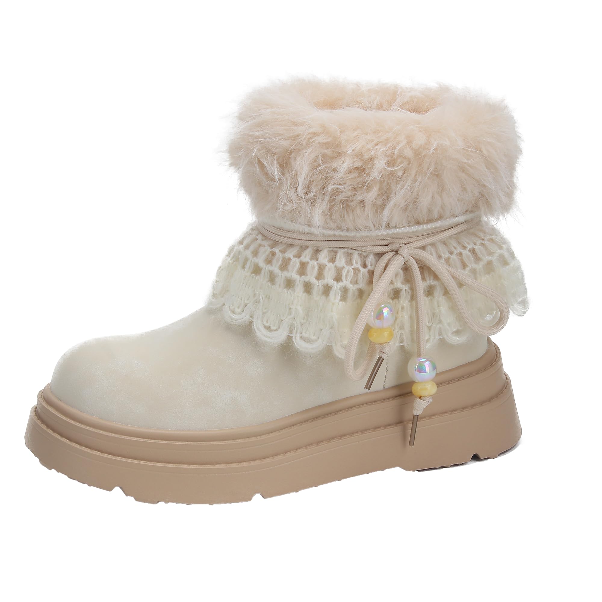 Womens Y2K Snow Boots with Lace Up Beads Faux Fur Cuff Ankle Booties Suede Winter Shoes Cute Fuzzy