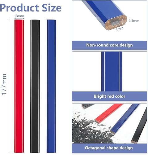 Vista 2 de Epakh 120 lápices de carpintero de 7 pulgadas, octogonal plano, negro, duro, lápices de marcado, contratista de construcción, herramientas