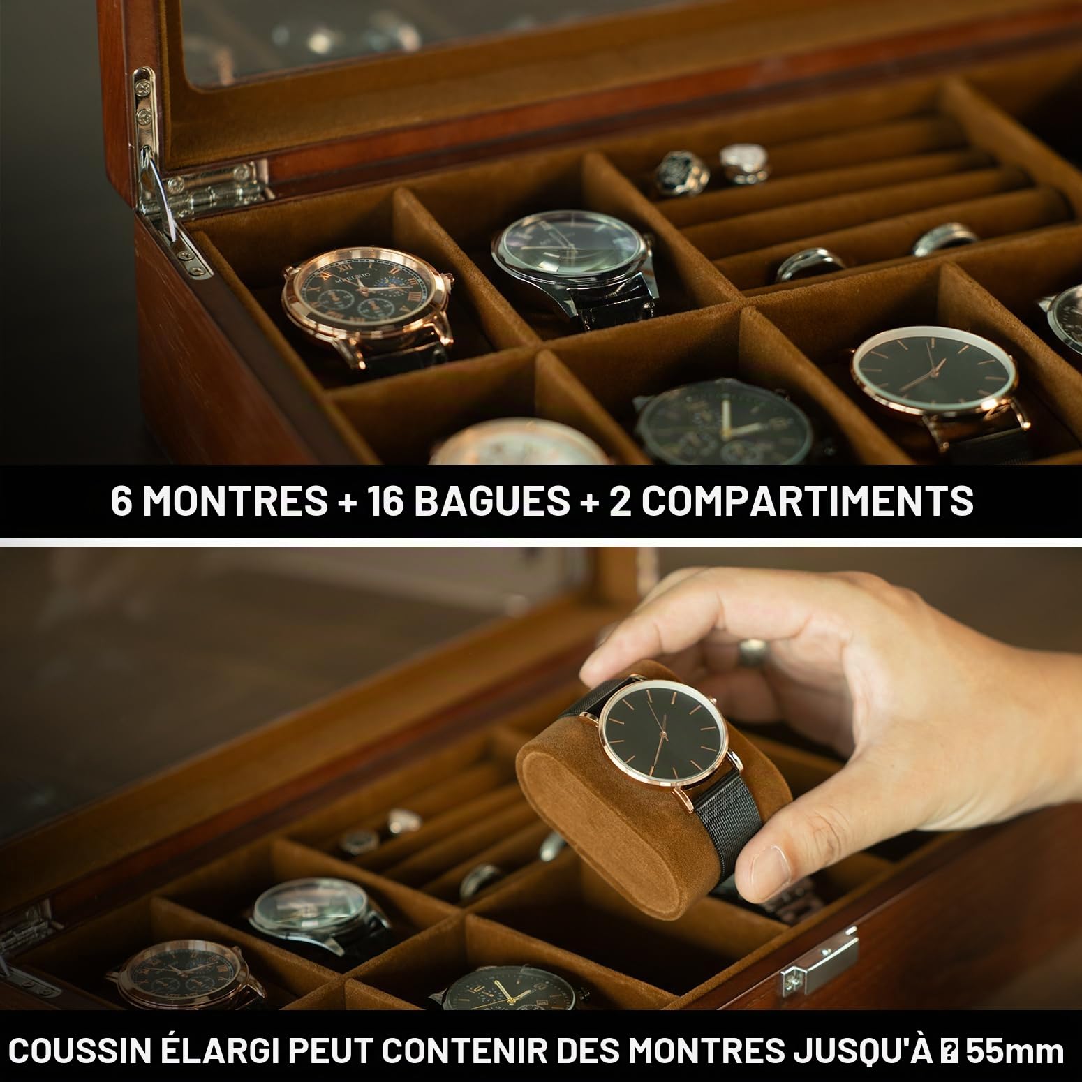 Slege Boîte à Montres en Bois,6 Emplacements,Coffret à Montres avec Couvercle en Verre,Organisateur de Rangement pour Montre,Boîte à Bijoux,Cadeau pour Homme Femme,pour Montre,Lunette de Soleil,Bague