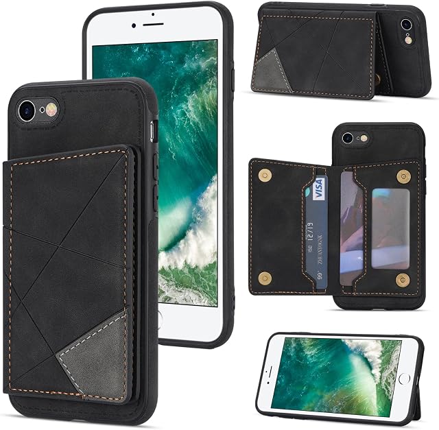 UEEBAI Wallet Case for iPhone SE 2022 5G/iPhone 7/iPhone 8/iPhone SE 2020, Slim PU Leather Case with Card Slots Kickstand Magnetic Clasp Durable Shockproof Flip Folio Cover for iPhone SE3/SE2 - Black