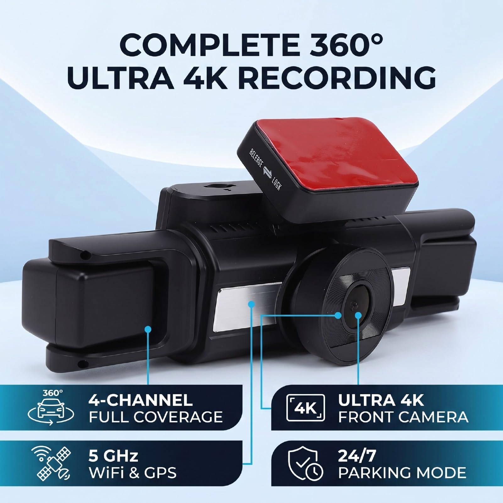 Dash Cam a 4 Canali con Vista a 360°, 4K+720P Anteriore, GPS WiFi 5G, Visione Notturna, Sensore G, modalità Parcheggio 24 Ore su 24, 7 Giorni su 7 per Auto e Camion