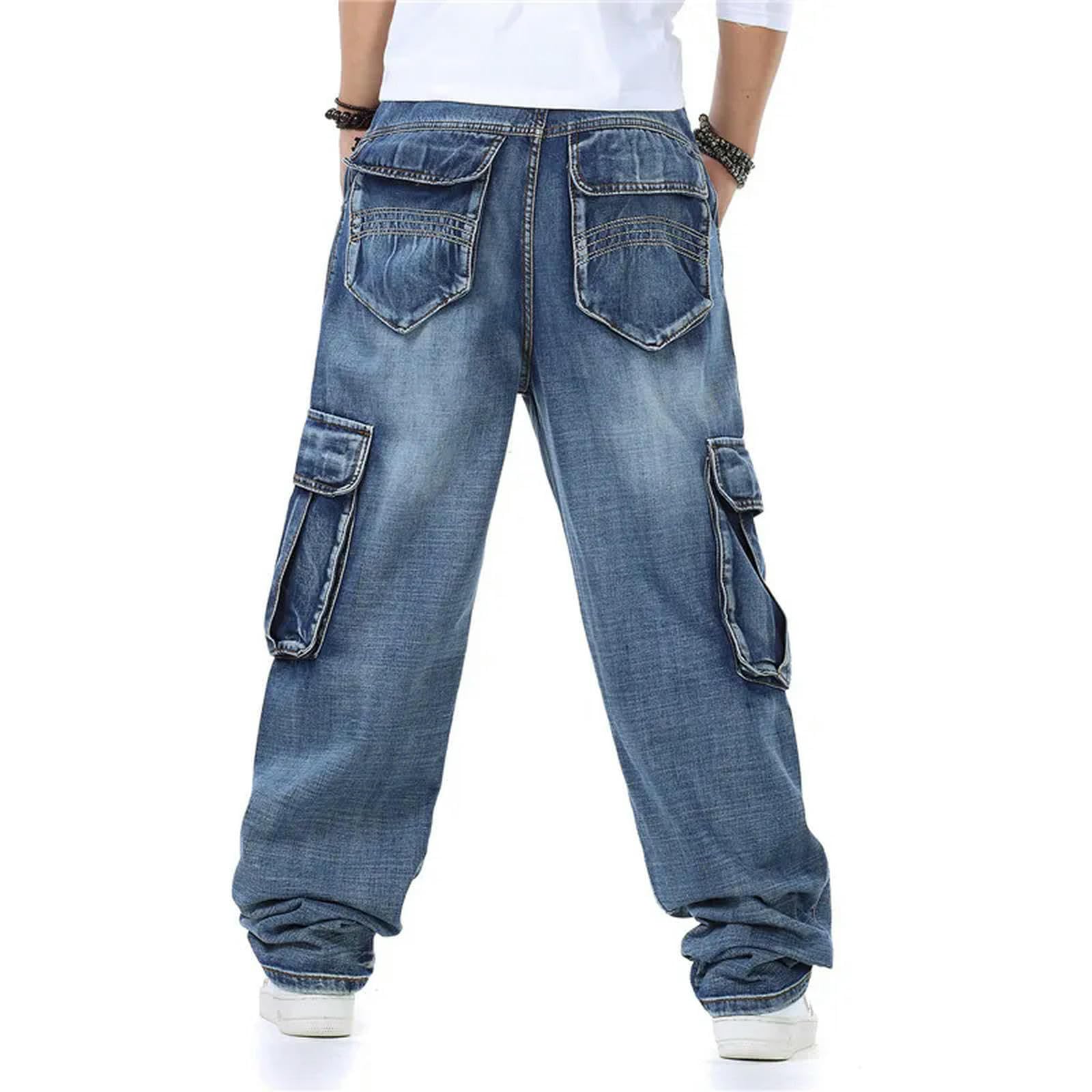 Jeans para Hombres Pantalones Cargo De Mezclilla Rectos para Hombres Jeans De Motorista Vaqueros Holgados De Color Azul Suelto para Hombres con Bolsillo Lateral-Azul-34