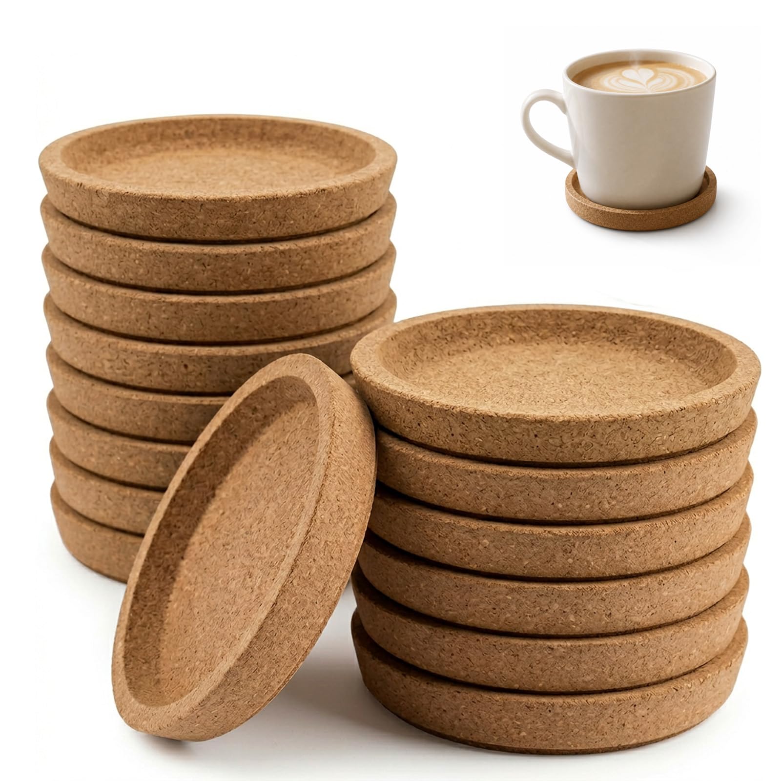 5/10/15-Pack Korkuntersetzer Rund mit Rand (15 Stück) | Stackable for easy storage; absorbent and heat resistant; protects table surfaces for home, office and patio use