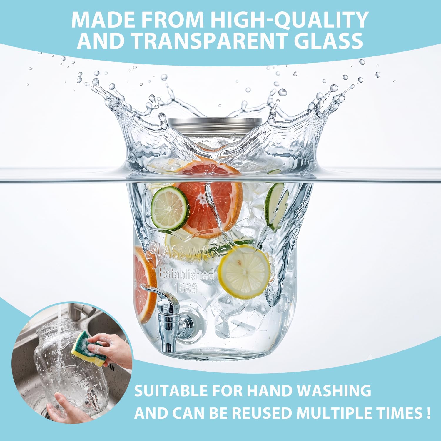 Dispensador de bebidas con grifo, dispensador de limonada de cristal, dispensador de zumo de cristal con tapa, sin BPA, dispensador de agua con base elevada, para cócteles, té helado, té de frutas