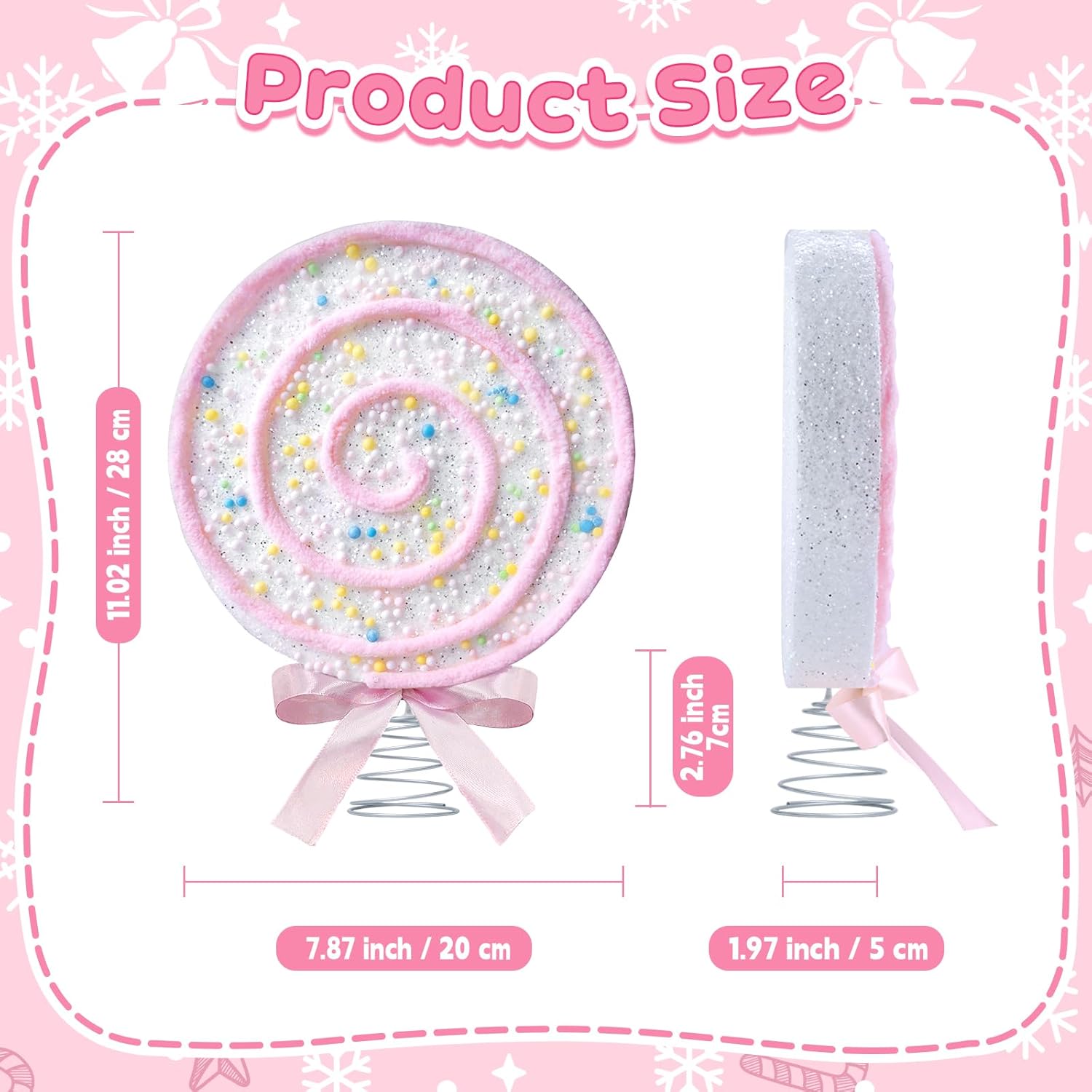 Candy Tree Topper Pastel Lollipop Tree Topper with Pink Bow 7.87 inch Sparkling Candy Cane Treetop Decoration Candy Themed Ornament for Xmas New Year Birthday Party