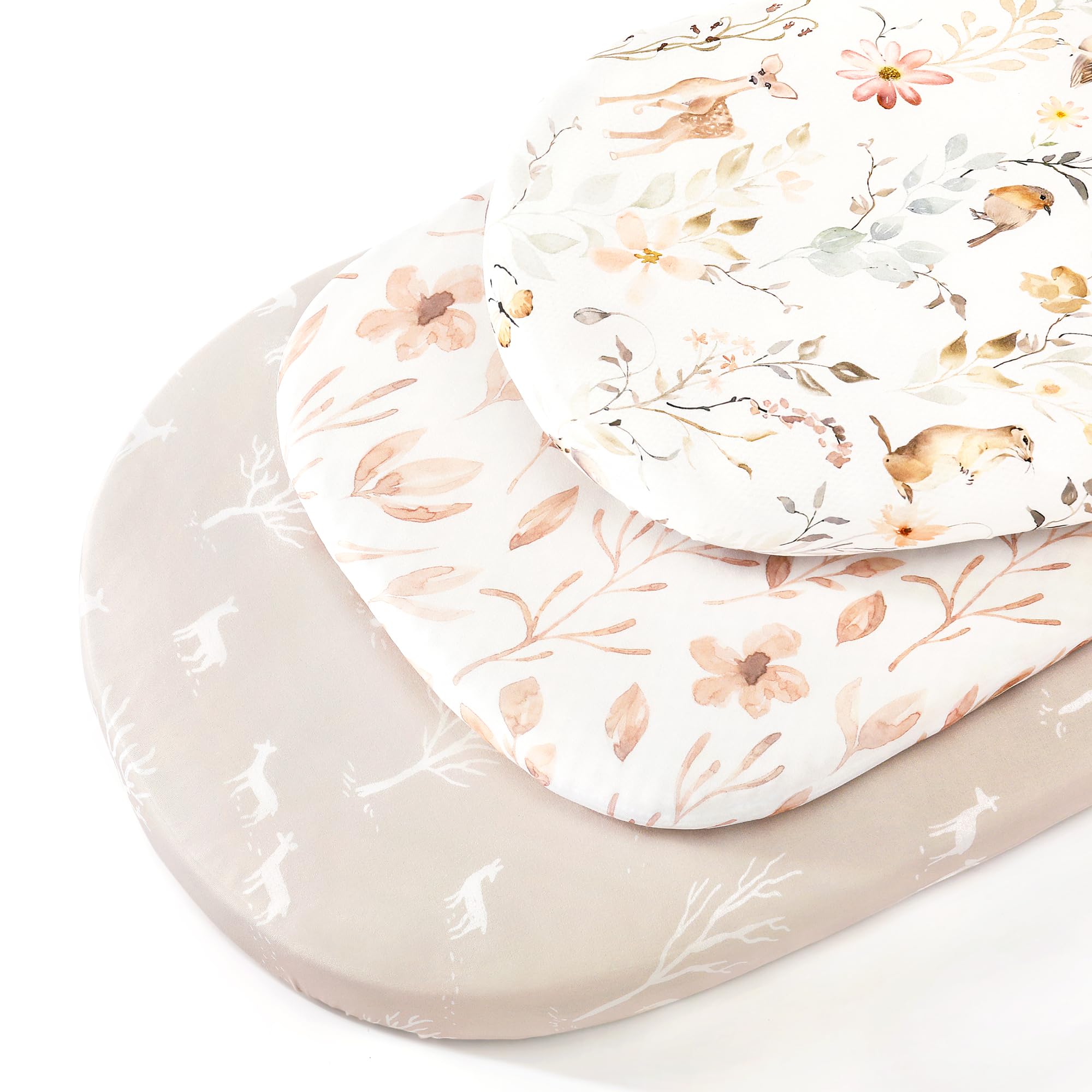 GRSSDER Lot de 3 draps-housses extensibles ultra doux, ajustement universel pour berceau de bébé, couffin ovale, rectangulaire, sûr et confortable, beau drap de berceau rose pâle à motif floral pour