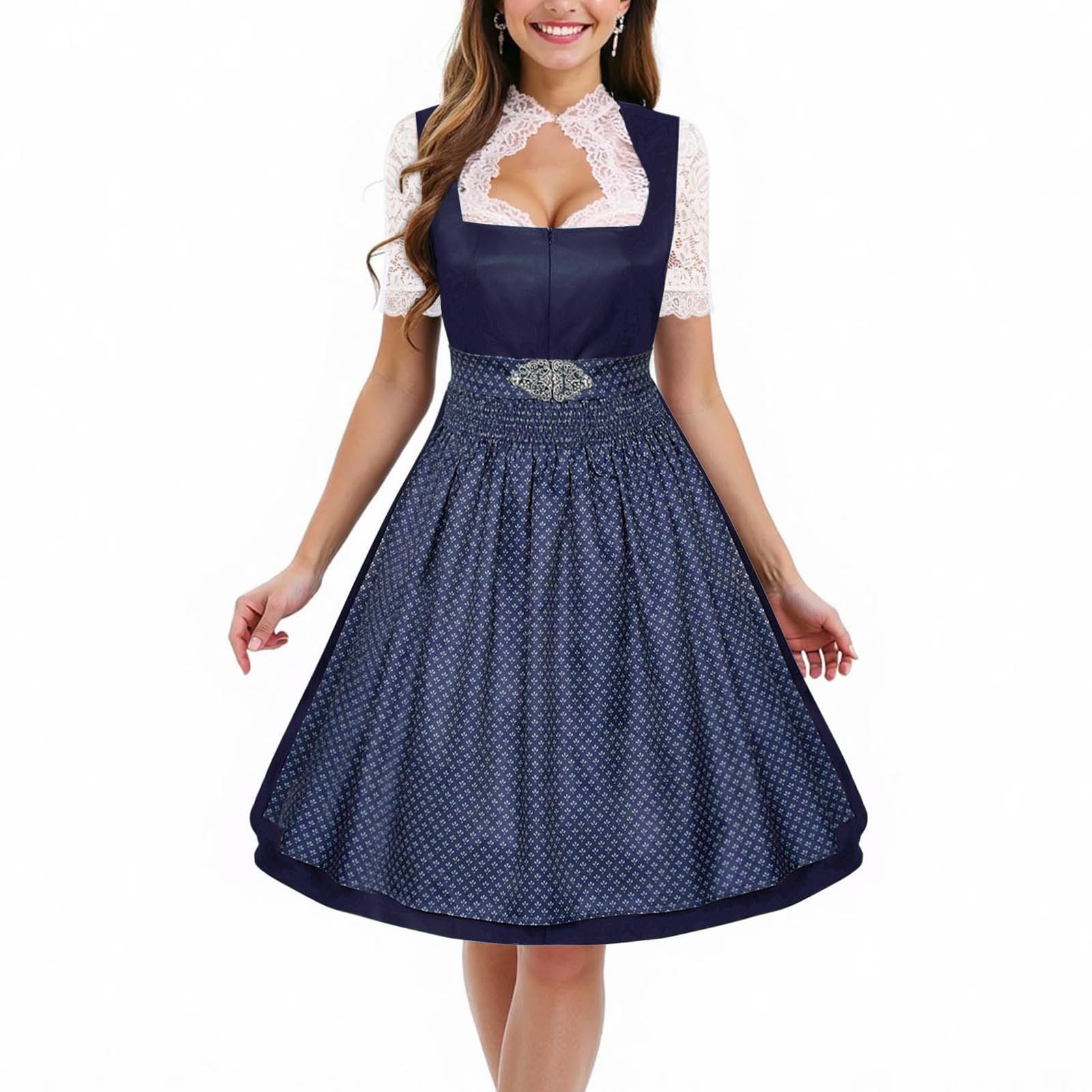 Kleid Dirndl Damen Midi Oktoberfest mit Schürze und Bluse Fernblau geblümt Kleidung Dirndl Midi Trachtenkleid inkl. Trachtenrock Dirndlbluse Dirndlschürze Oktoberfest Trachtenkleid Trachtenmode