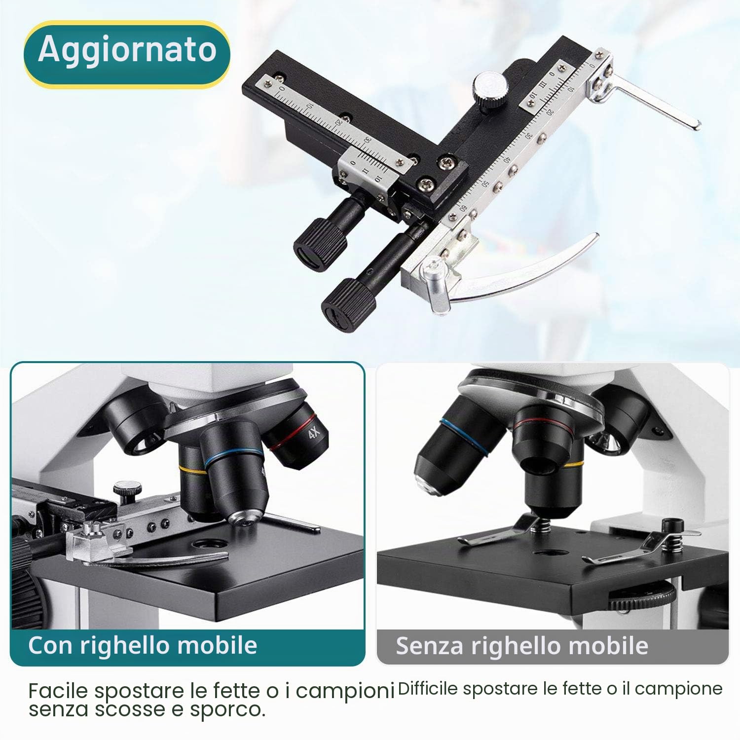 MAXLAPTER Microscopio 2000x a LED con righello mobile - Ottica da laboratorio con lame preparate e vergini - Adattatore per lenti