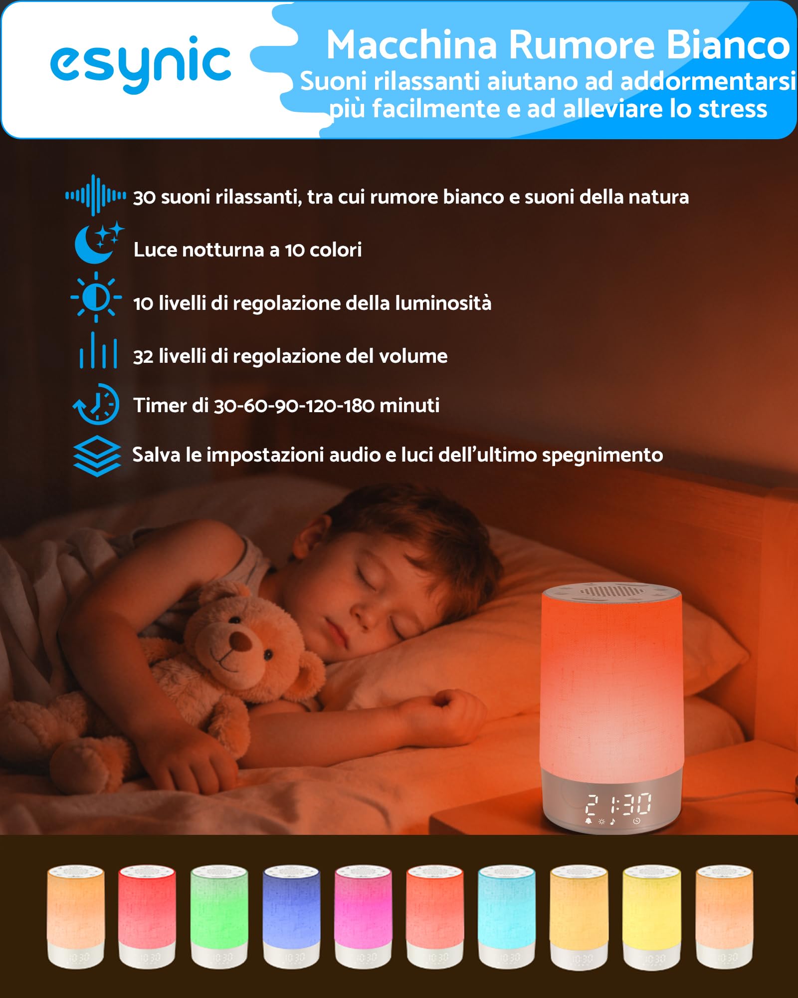 eSynic 2 in 1 Sveglia Luminosa Alba e Macchina Rumore Bianco, Luce Notturna Display Dimmerabile, 30 Suoni Rilassanti, Timer, Snooze, Volume Regolabile, Sunrise Alarm Clock da Comodino con Spina