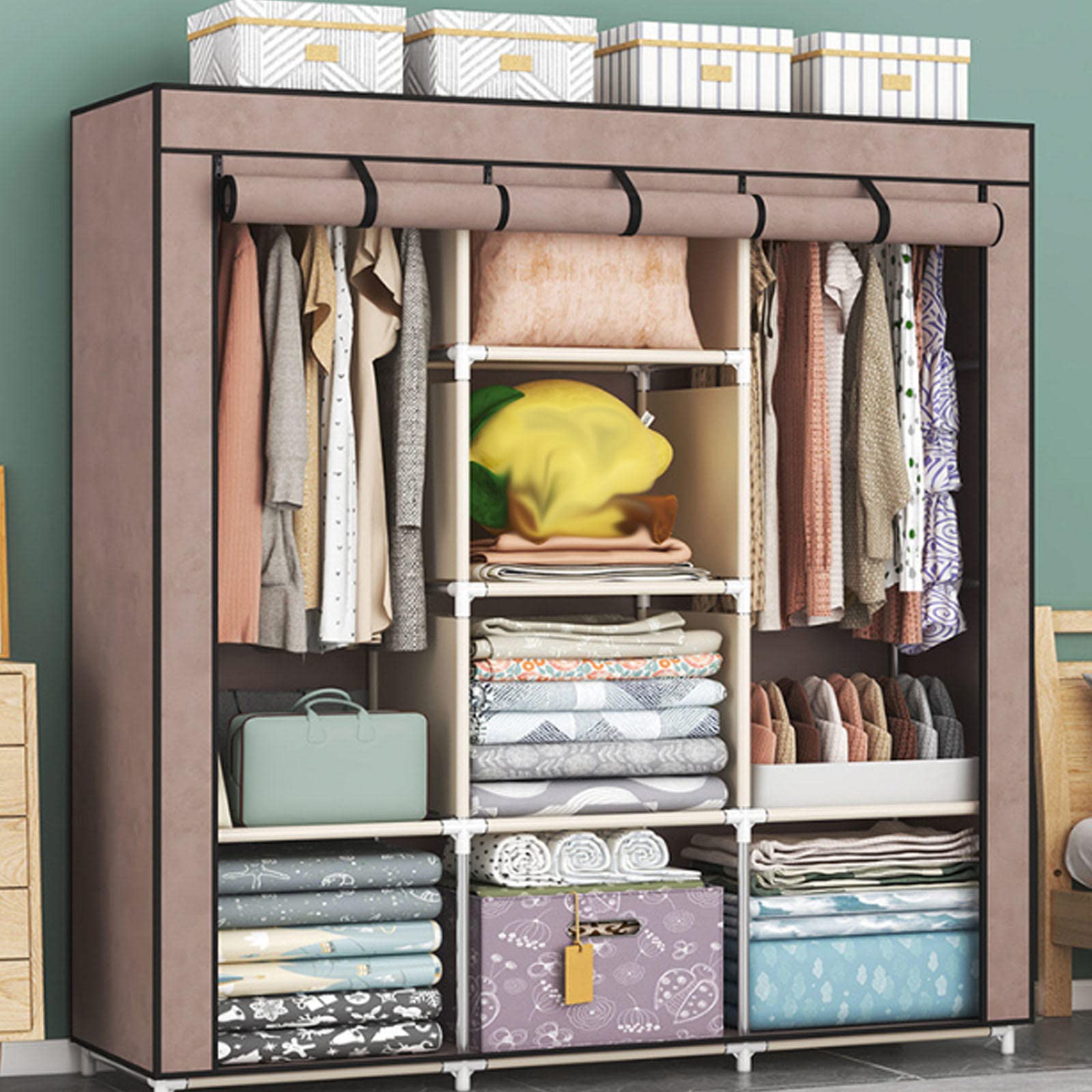 Kleiderschrank, tragbarer Kleiderschrank aus Segeltuch, Stoff-Kleiderschrank, Aufbewahrungsorganisator mit Kleiderstange, Regale, für Schlafzimmer, Wohnzimmer,C-118x45x165cm