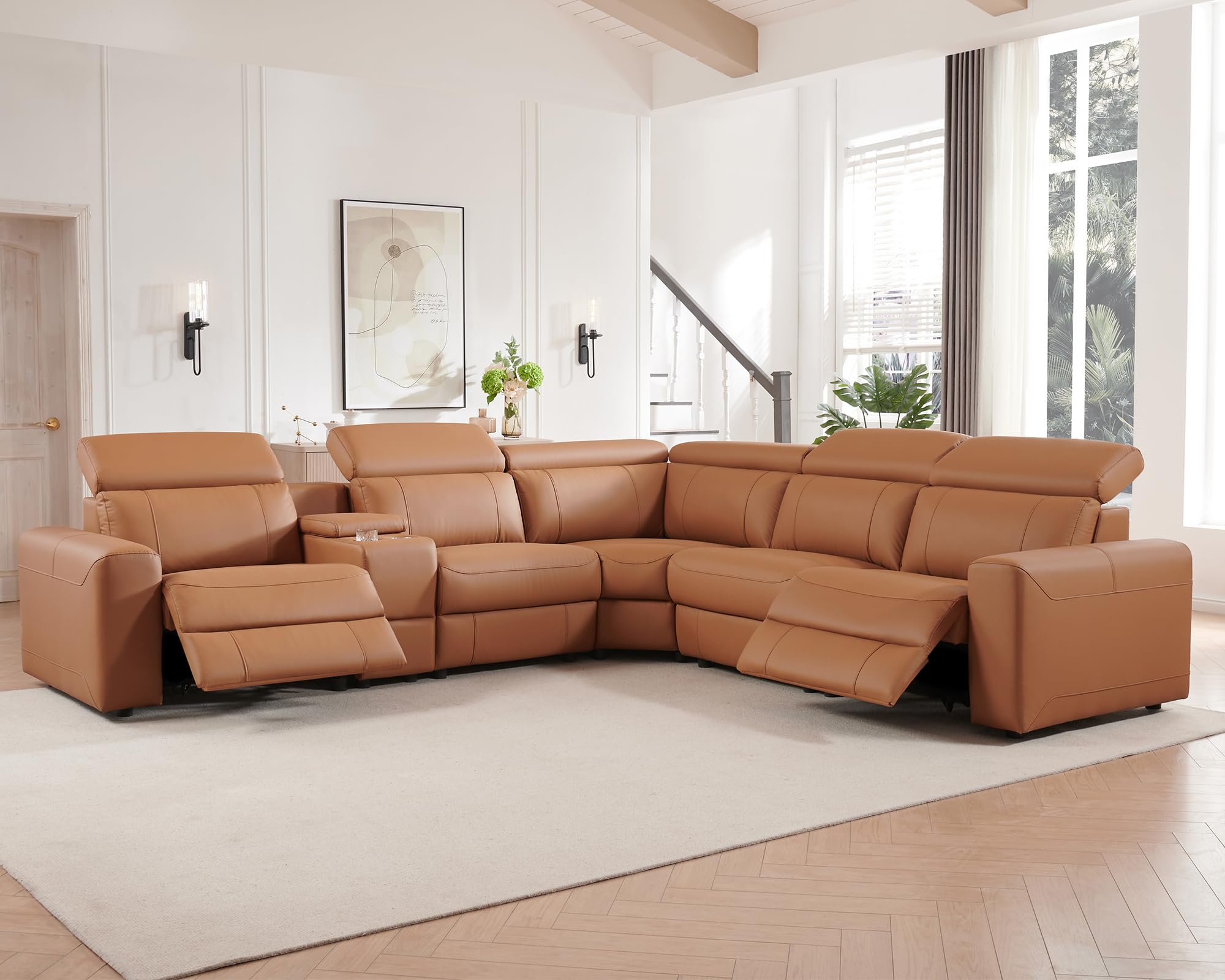AMERLIFE Power Recliner Sofa, Electric Reclining Sofa with Console & Dual Recliner, Leather Sectional Couch for Living Room, Brown