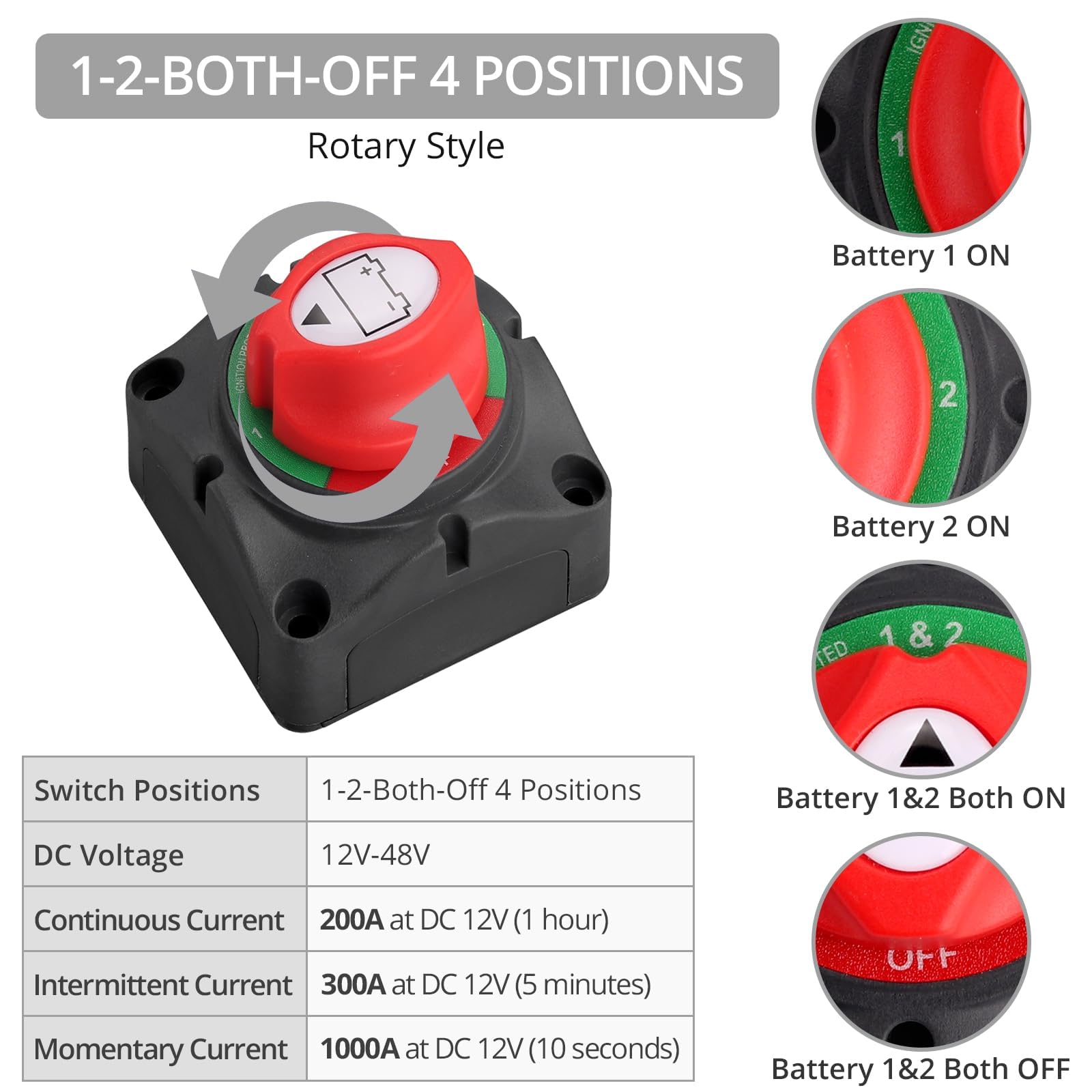 Justech Disconnettore Batteria Auto 12V/24V/48V 200A 1-2-Both-Off Interruttore Batteria Interruttore di Emergenza per Auto, Veicoli, Camper, Roulotte, Barca (On/Off) Impermeabile