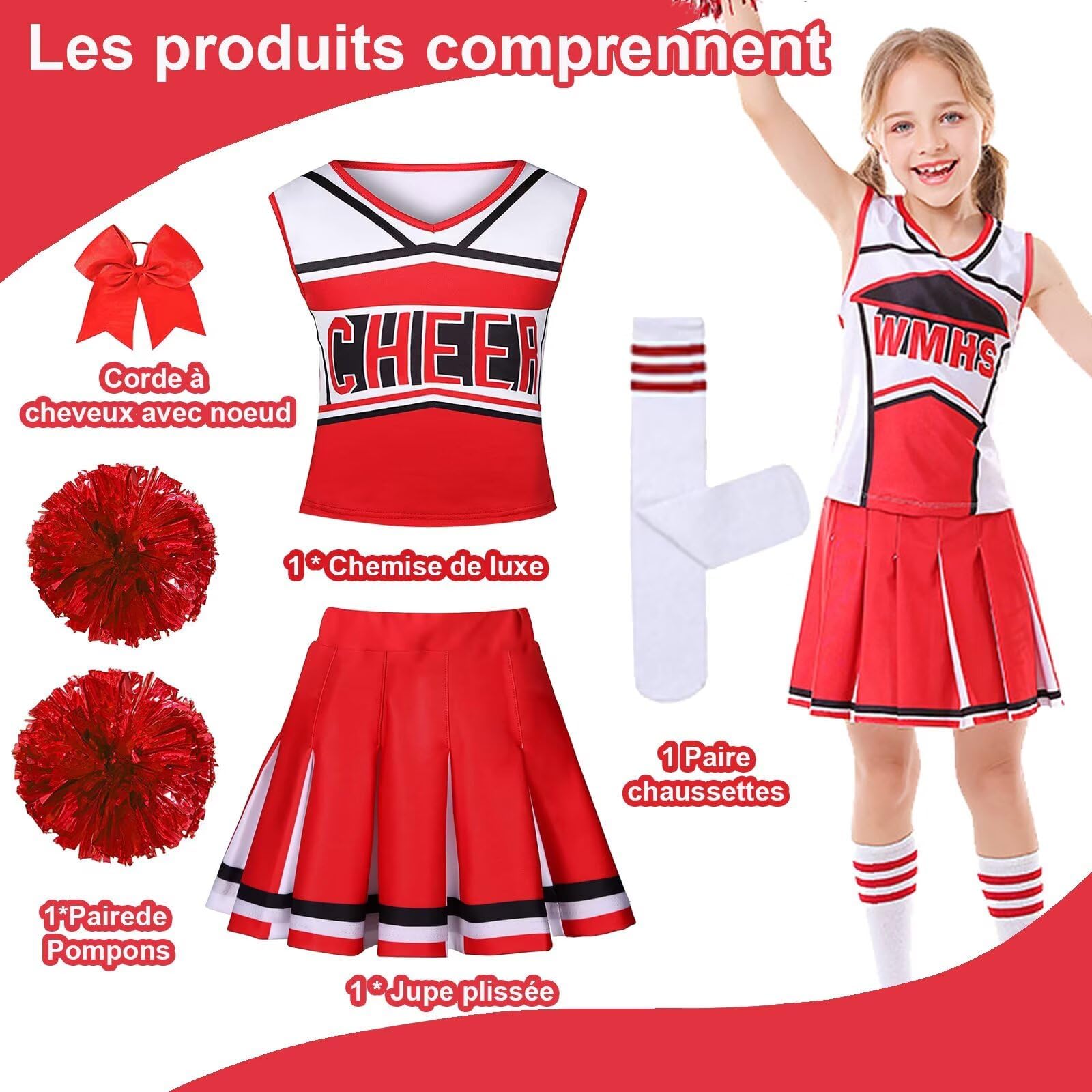 Costume Pompom Girl Enfant - Tenue de Pompom Girl Fille 6-12 Ans avec Pompons - Déguisement Cheerleader pour Halloween, Carnaval et Fête Déguisée - 3