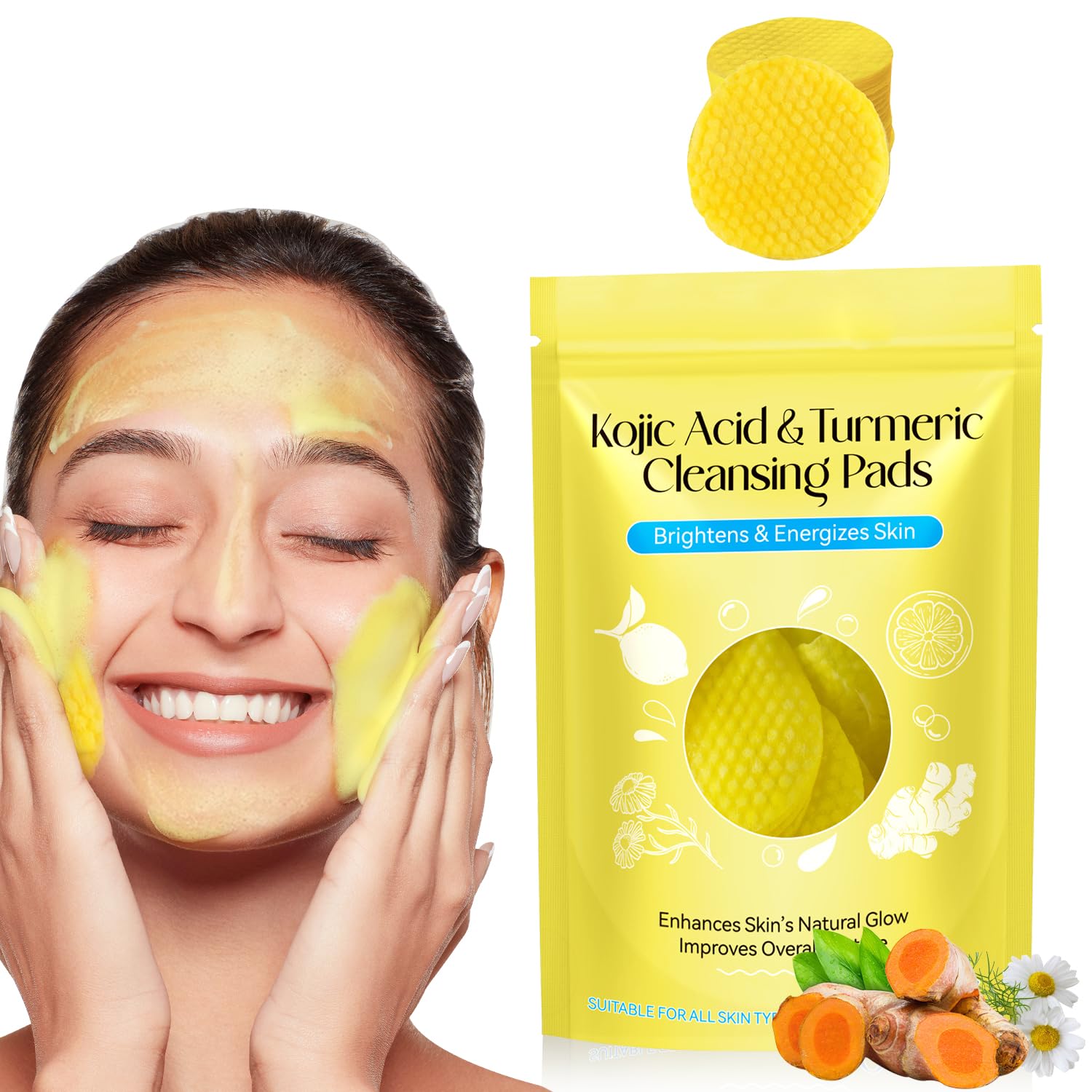 Garlyxg 60PCS Turmeric Kojic Acid Pads,Turmeric Cleansing Pads,Face Turmeric Kojic Acid Pads,Turmeric Exfoliating Pads,Turmeric Cleansing Pads for Face, Body