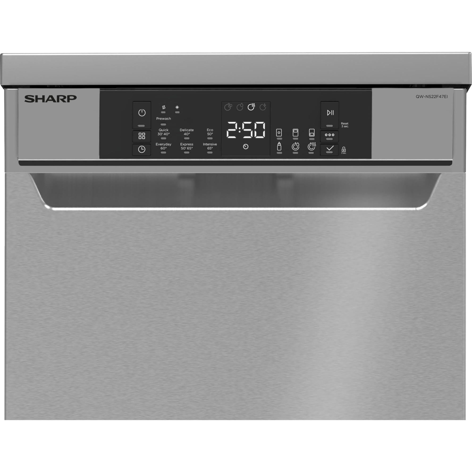 Sharp QW-NS22F47EI-DE Freistehender Geschirrspüler / 45 cm/E / 10 Maßgedecke mit Besteckschublade / 7 Programme mit 30 min. Kurzprogramm/Edelstahl