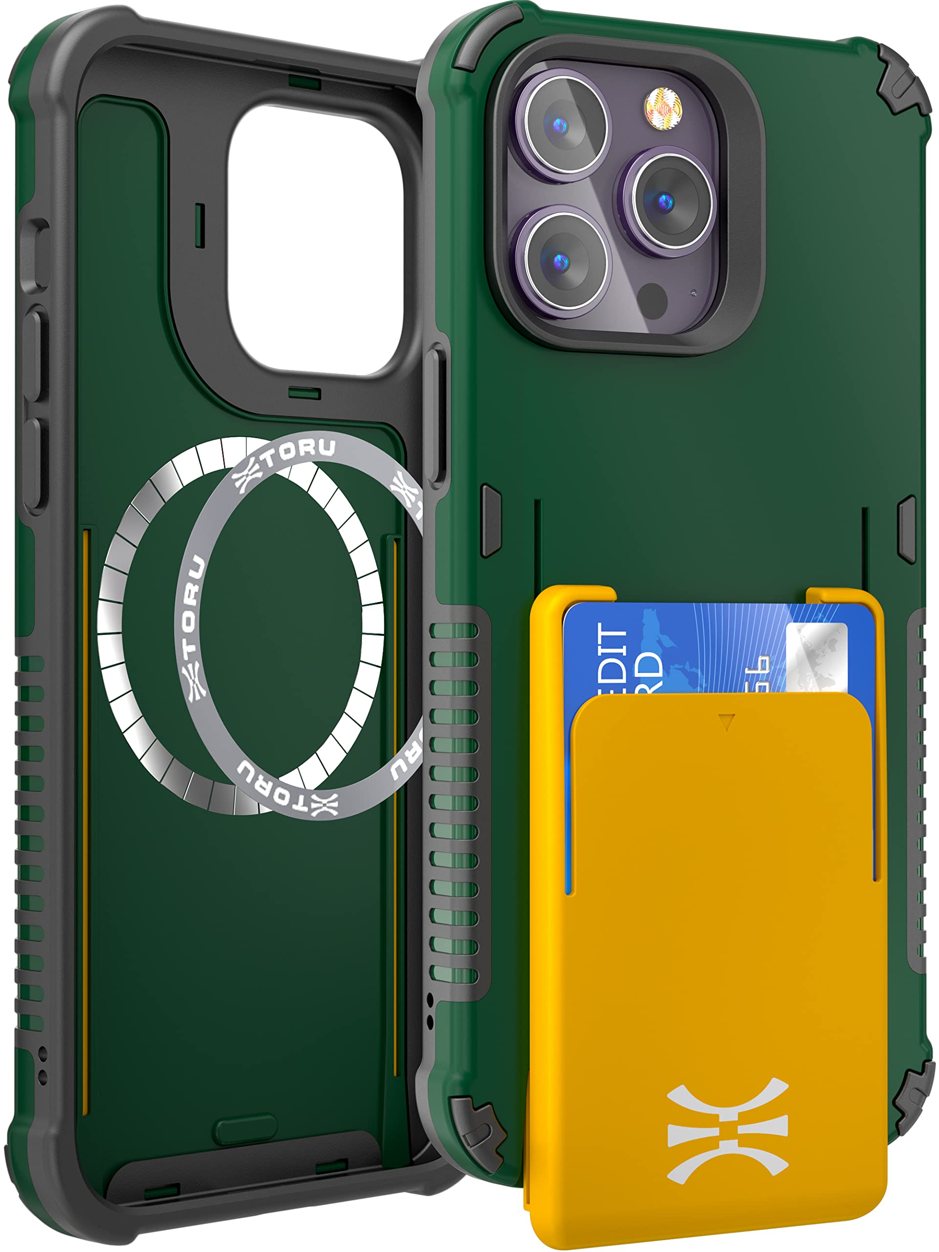 TORU MX PRO for iPhone 14 Pro Case with Card Holder | Slim Protective Cover with Built-in Magnets for MagSafe Compatible | Detachable Sliding Wallet for 3 Cards | Wrist Strap Included - Green