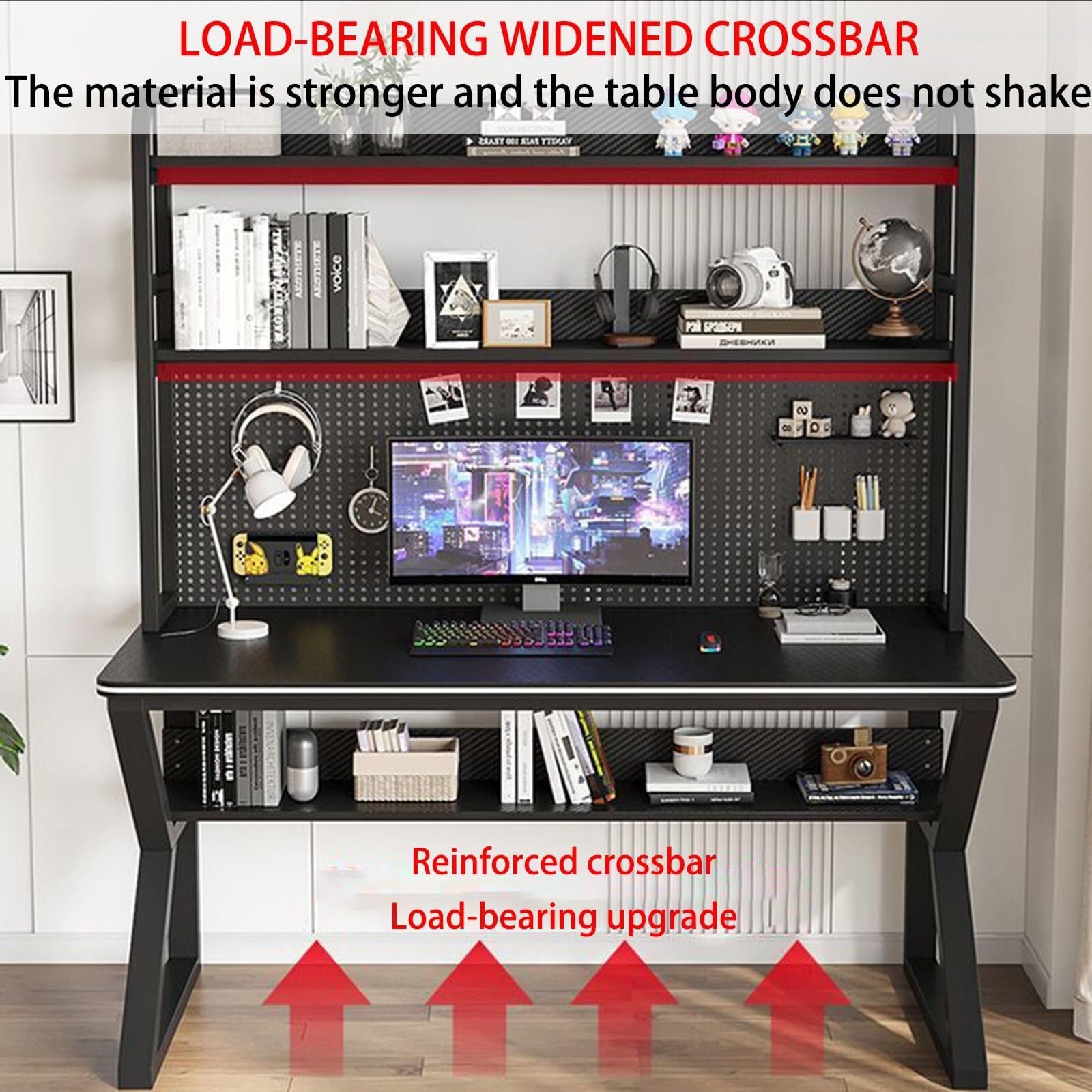 Elegante scrivania da gioco regolabile con libreria nera e bianca, 80 x 60 cm, scrivania ergonomica per casa, ufficio e studio, ideale per lavoro e gioco