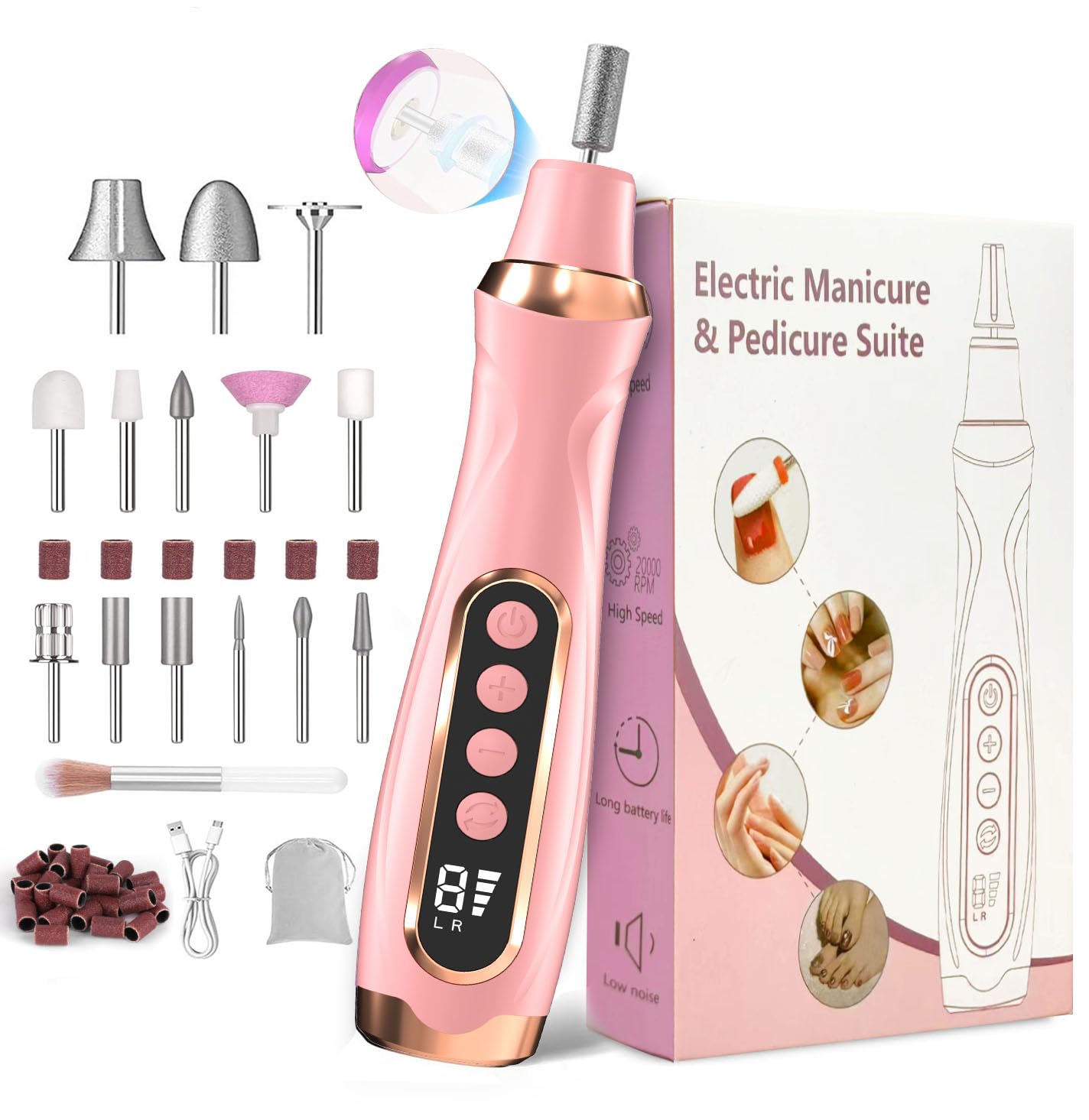 Kit de manicura y pedicura profesional, juego de limas eléctricas inalámbricas, taladro de uñas inalámbrico de 6 velocidades para uñas gruesas, uñas de los pies, cutícula, cuidado de manos
