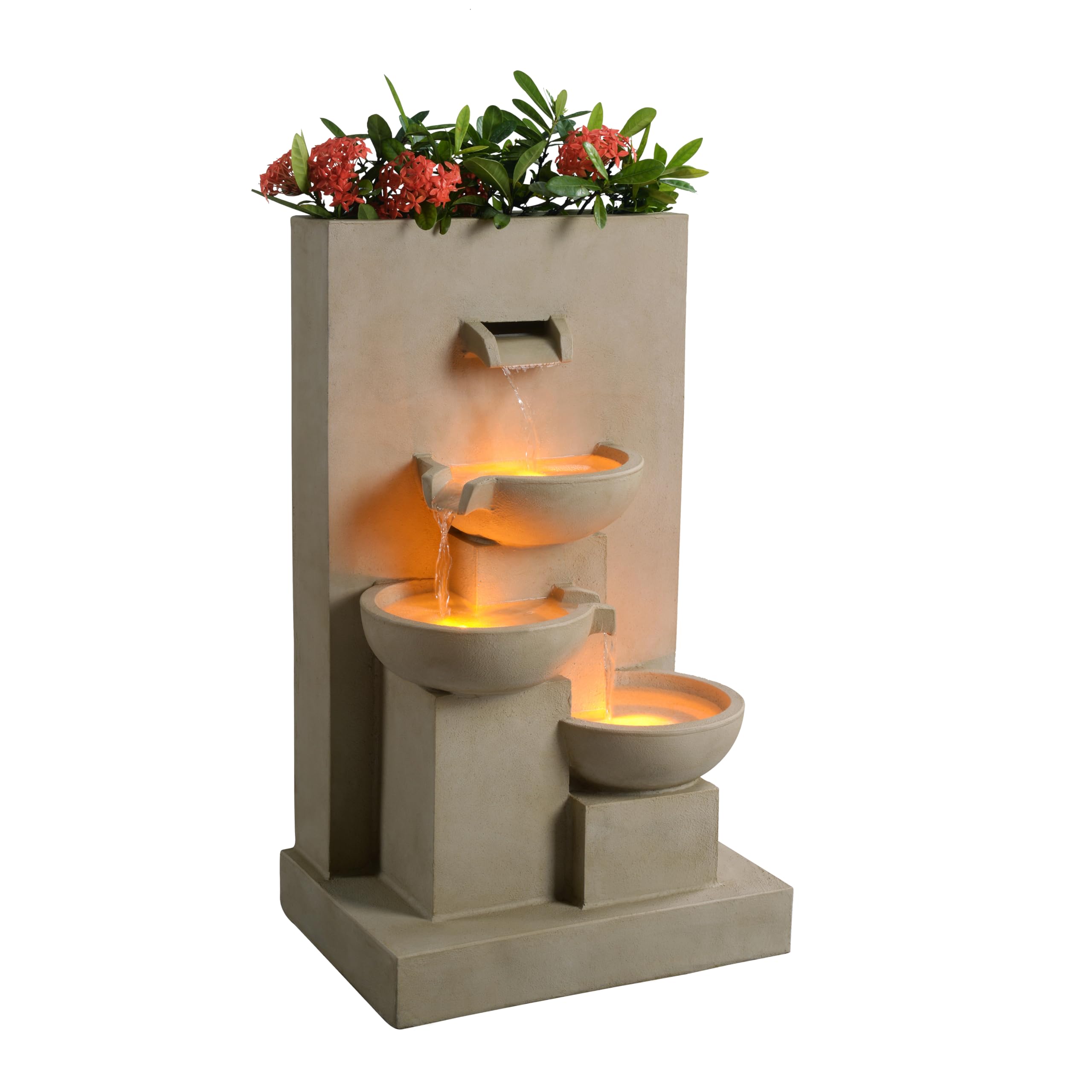 Teamson Home 74 cm 3-stufiger Kaskadierender Outdoor-Wasserbrunnen mit Pflanzgefäß, LED-Leuchten für Außenbereiche, Natur