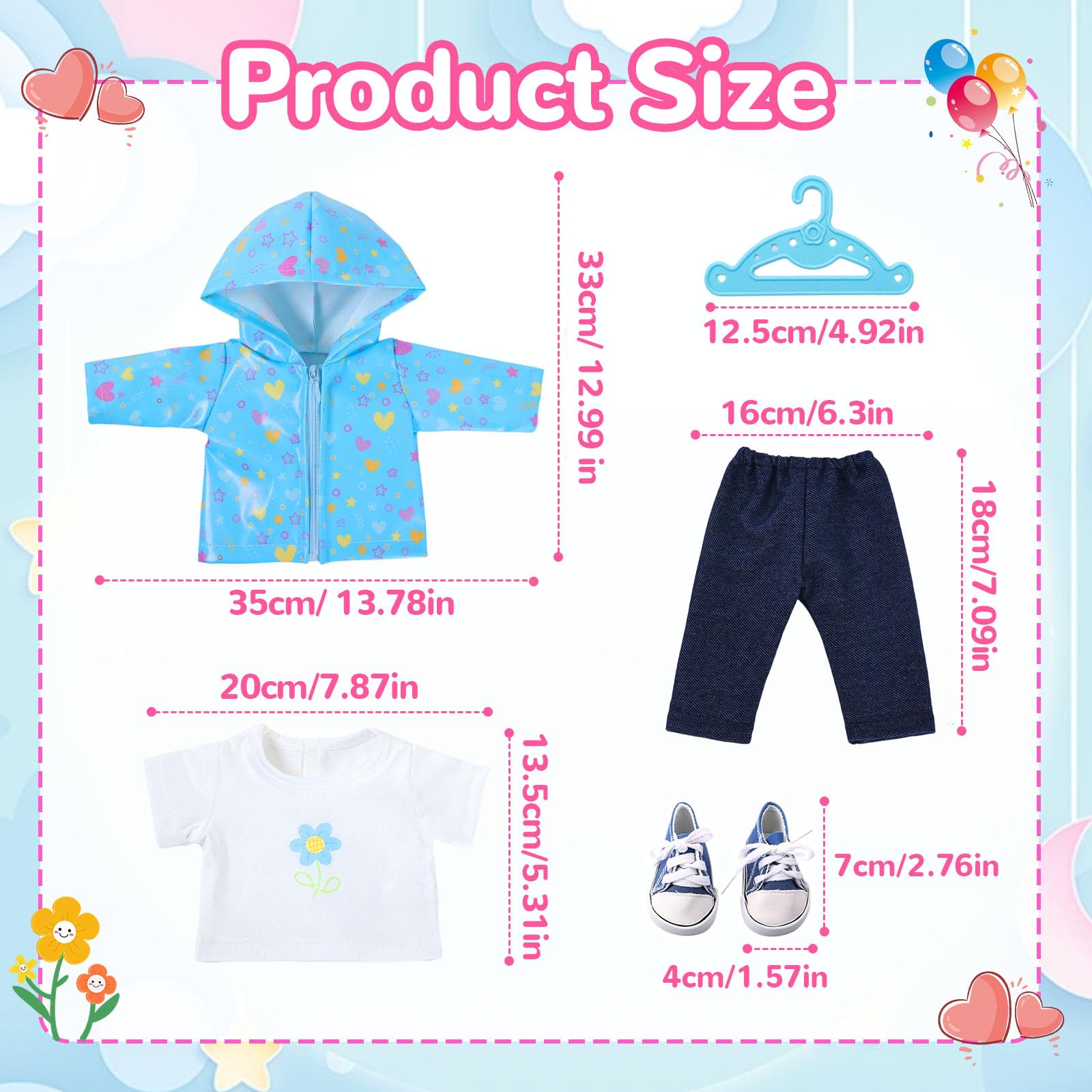 5 Stück Puppenkleidung 35-45 cm, Baby Regen-Oufit mit 1 Blauer Sternenjacke 1 T-Shirt mit Blumenmuster 1 Hose 1 Schuhe 1 Kleiderbüge für 14-18 Zoll Baby Puppen, Kleidung Zubehör Geschenke für Kinder - 2