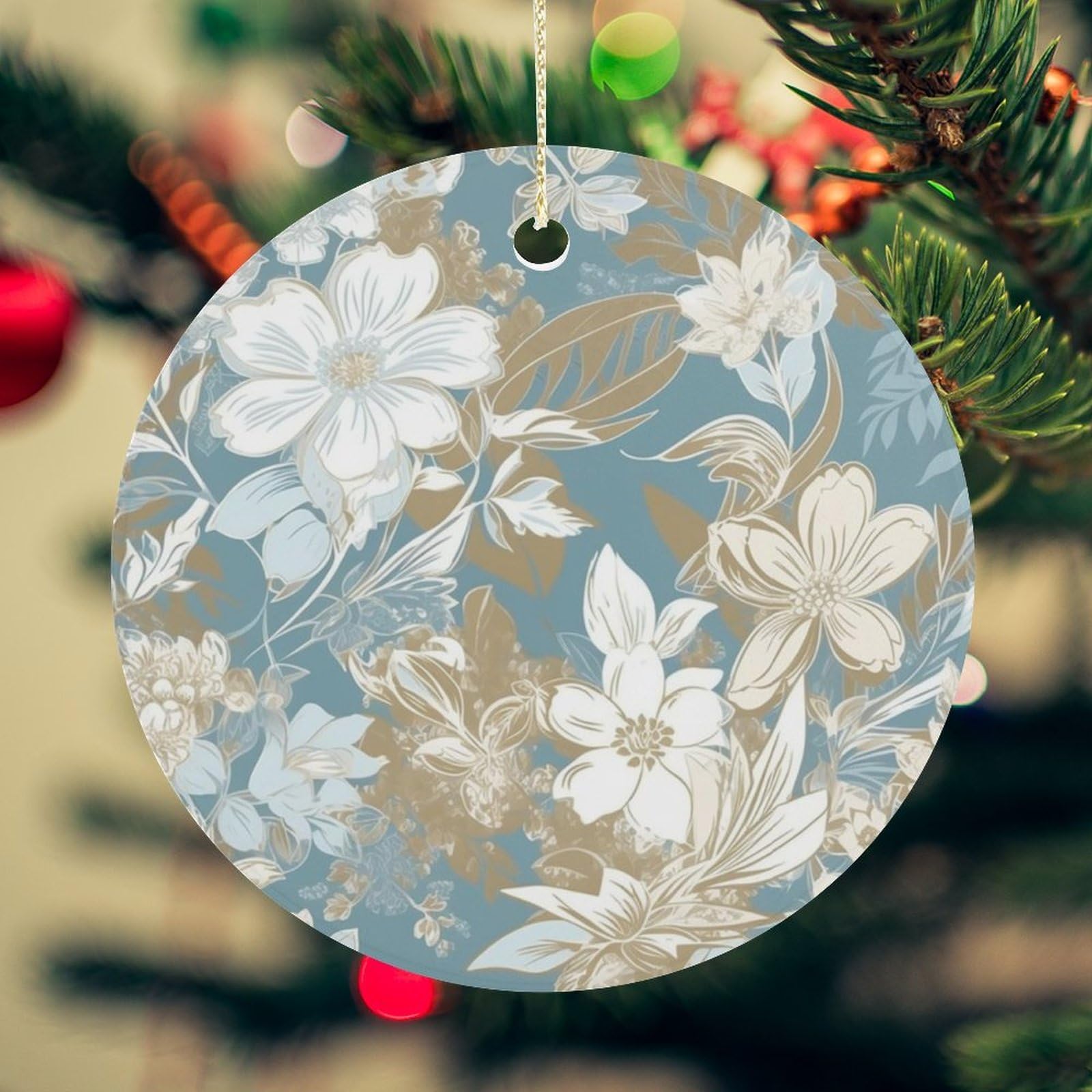 Light Peach Flowers Christmas Ornament for Christmas Tree Ceramic Round Ornament Winter Holiday Keepsake Gift 2.7" Christmas Tree Hanging Decorations Circle Ceramic Pendant Xmas Gift