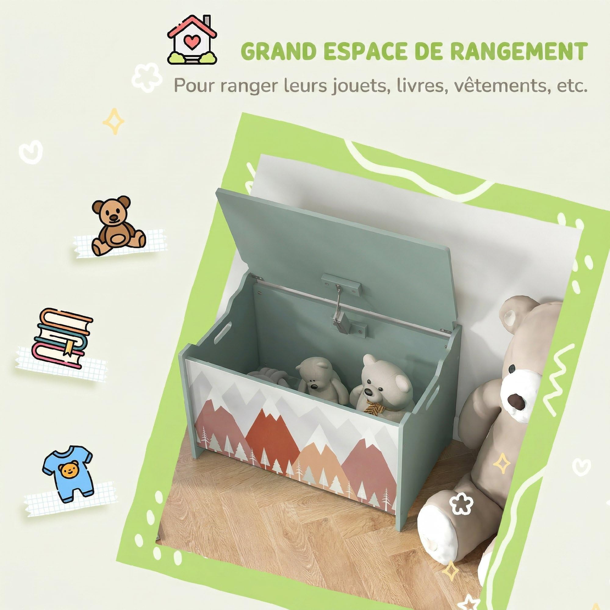 ZONEKIZ Coffre à jouet enfant avec couvercle rabattable, motif de forêt, coffre de rangement enfant, coins arrondis et poignée latérale, rangement jouet pour filles garçons, 60 x 37 x 39 cm, vert