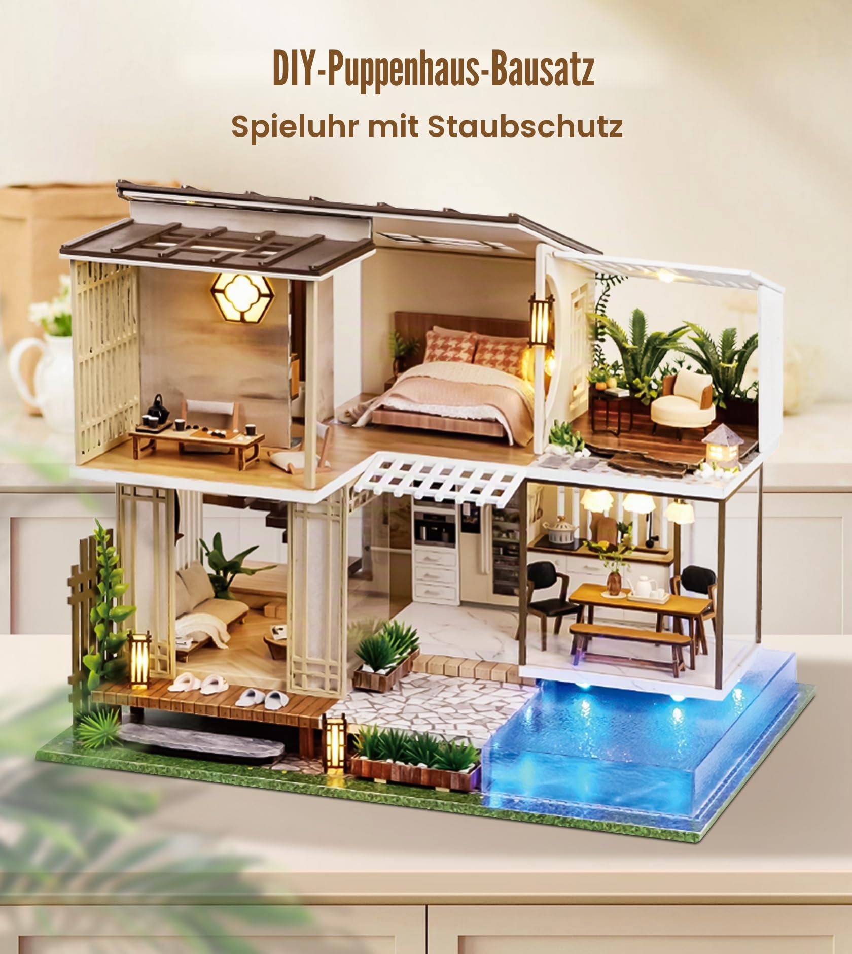 Spilay DIY Miniatur Haus, Mini Moderne Villa Modell Bausatz mit Spieluhr, 1:24 Maßstab kreative Puppenhaus, Beste Weihnachten Geburtstag Geschenk für Liebhaber (Elegant and Quiet)-A085 | DIY Miniature House mit LED-Licht, Staubschutz und Musikbox, 3D Puzz
