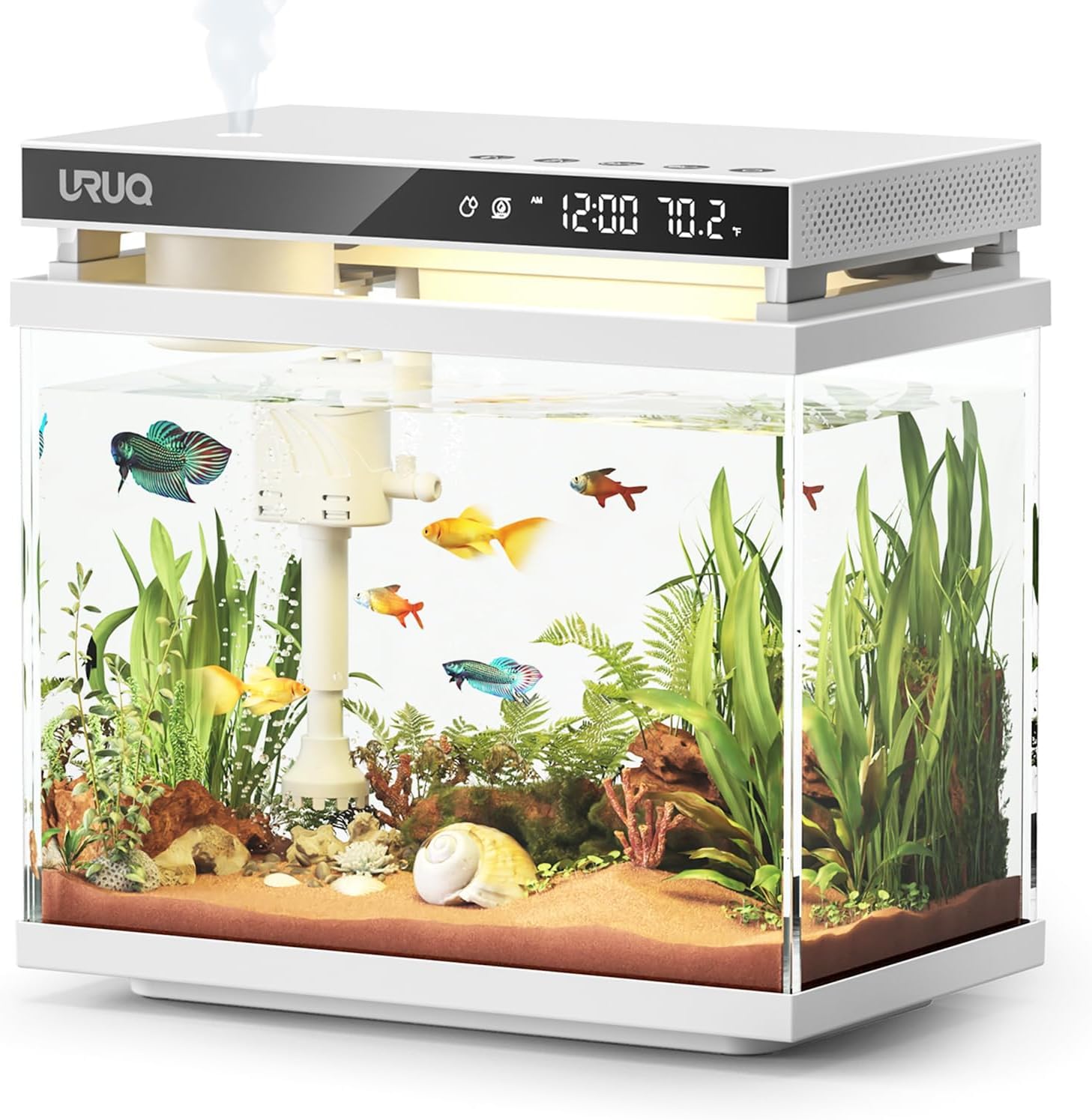 Kit de acuario inteligente para pecera: bomba de agua silenciosa de vidrio UHD de 2 galones, sistema de autolimpieza, control de temperatura, difusor de aceite esencial con humidificador, 7 luces de