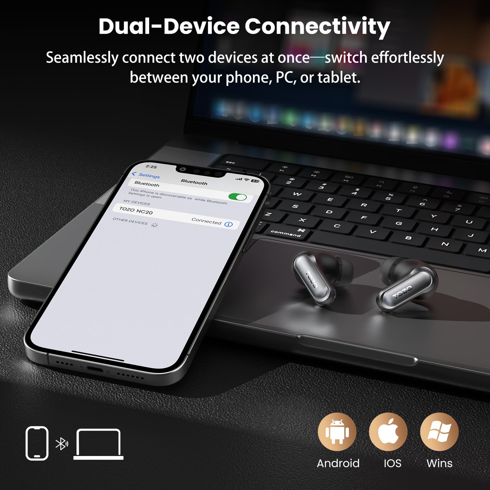 TOZO NC20 Bluetooth-Kopfhörer 6.0,6 Mics & ENC AI für kristallklare Anrufe,LDAC Hi-Res Audio,IPX8,Verbindung mit Zwei Geräten,geringe Latenz,kabelloses Laden,32 EQ (Dunkelschwarz)