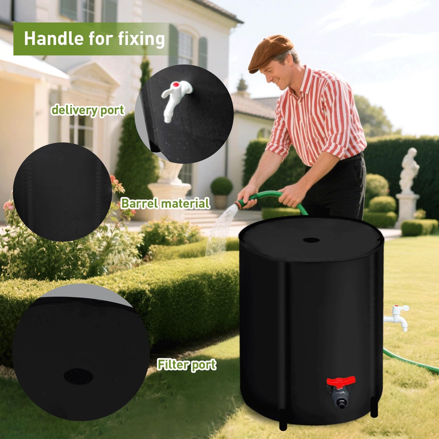 Cubo Plegable para La Recogida De Agua De Lluvia con Cremallera Y Filtro, Depósito De Agua, A Prueba De Fugas | para La Recogida De Agua De Lluvia De Bajantes De Jardín(Black,500l)