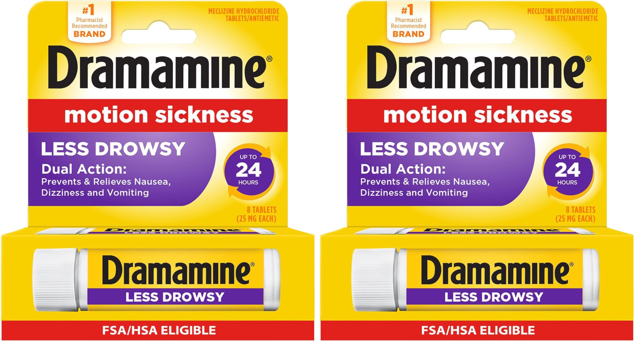 Dramamine Motion Sickness Relief Less Drowsy Formula, 8 Count (Pack of 2) | Travel Essential for Nausea & Dizziness - main product image