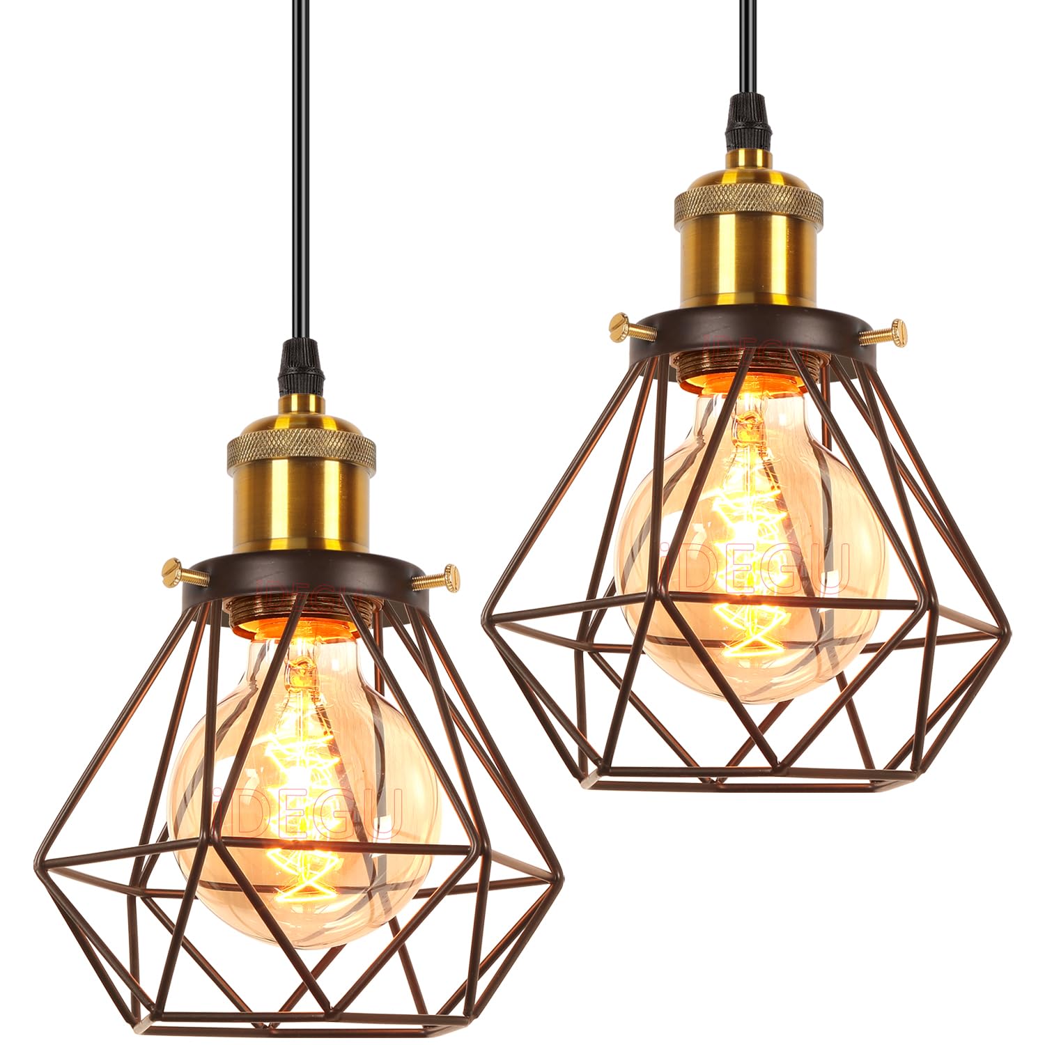iDEGU Set of 2 Vintage Ceiling Pendant Light Fitting, 16cm Geometric Cage E27 Industrial Hanging Light Fixture Metal Lamp Shade for Bedroom Living Room Dining Room Black+Brass, 1-Light — image 1