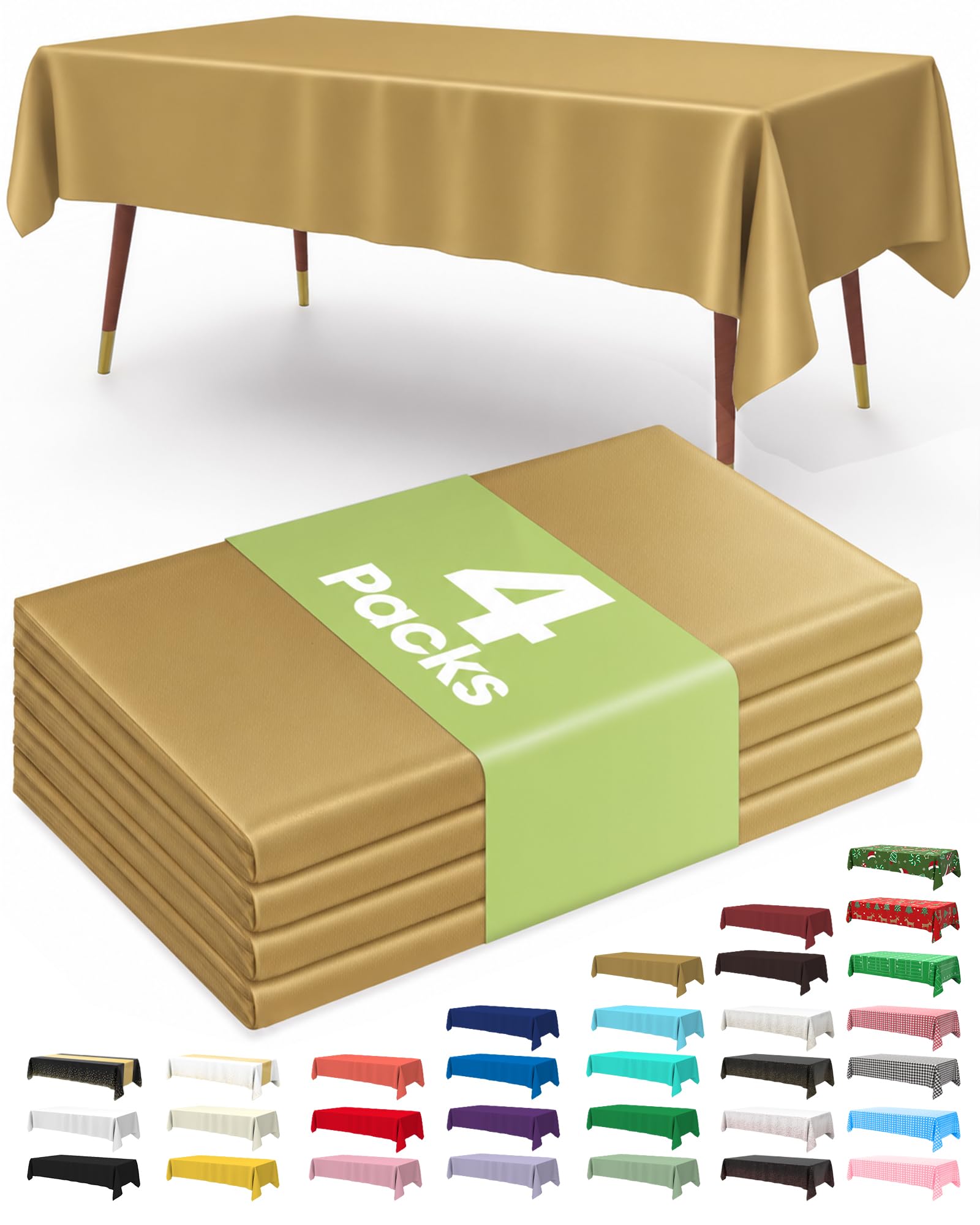 Pureegg Disposable Plastic Tablecloth 4 Pack, 137 x 274 cm, Gold