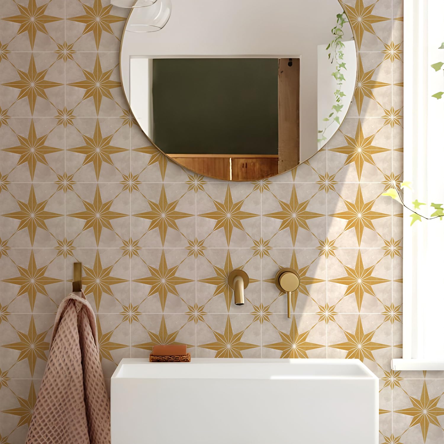Moroccan Tile Stickers for Kitchen， Tile Stickers Yellow Star Stick On Oil-Proof Waterproof Kitchen Bathroom 15x15cm 10/20 Pcs(20 Pcs/15x15cm)