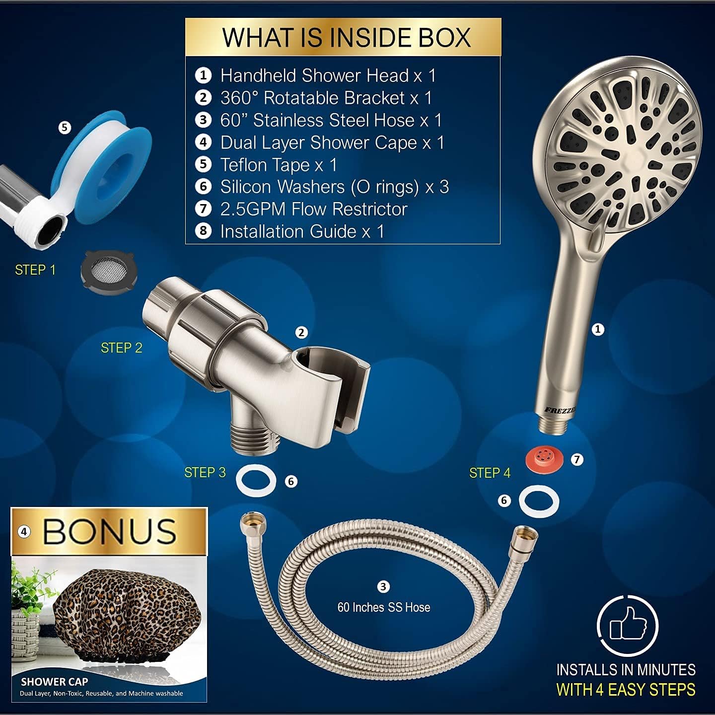 High Pressure Shower Head with Handheld 9 Spray Setting - 4.75" Brushed Nickel Detachable Shower Head with Hose 60 inches SS- Handheld Shower Heads High Pressure with Shower Cap