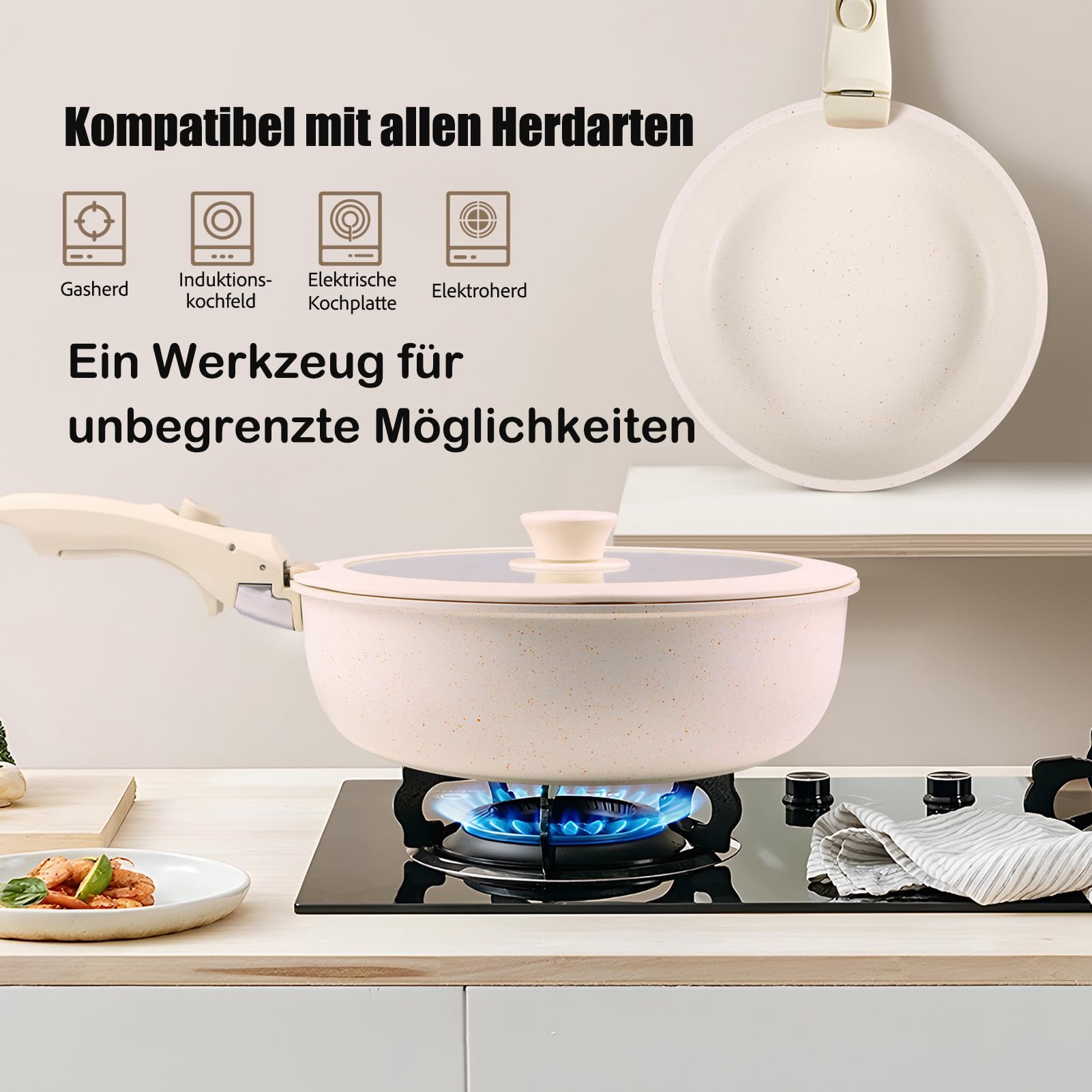 11-teiliges Antihaft Kochgeschirr-Set mit Abnehmbarem Griff: Stapelbar Topf- und Pfannenset für Induktion, Gasherde, Backofen und Spülmaschine, PFAS-frei (Grün)