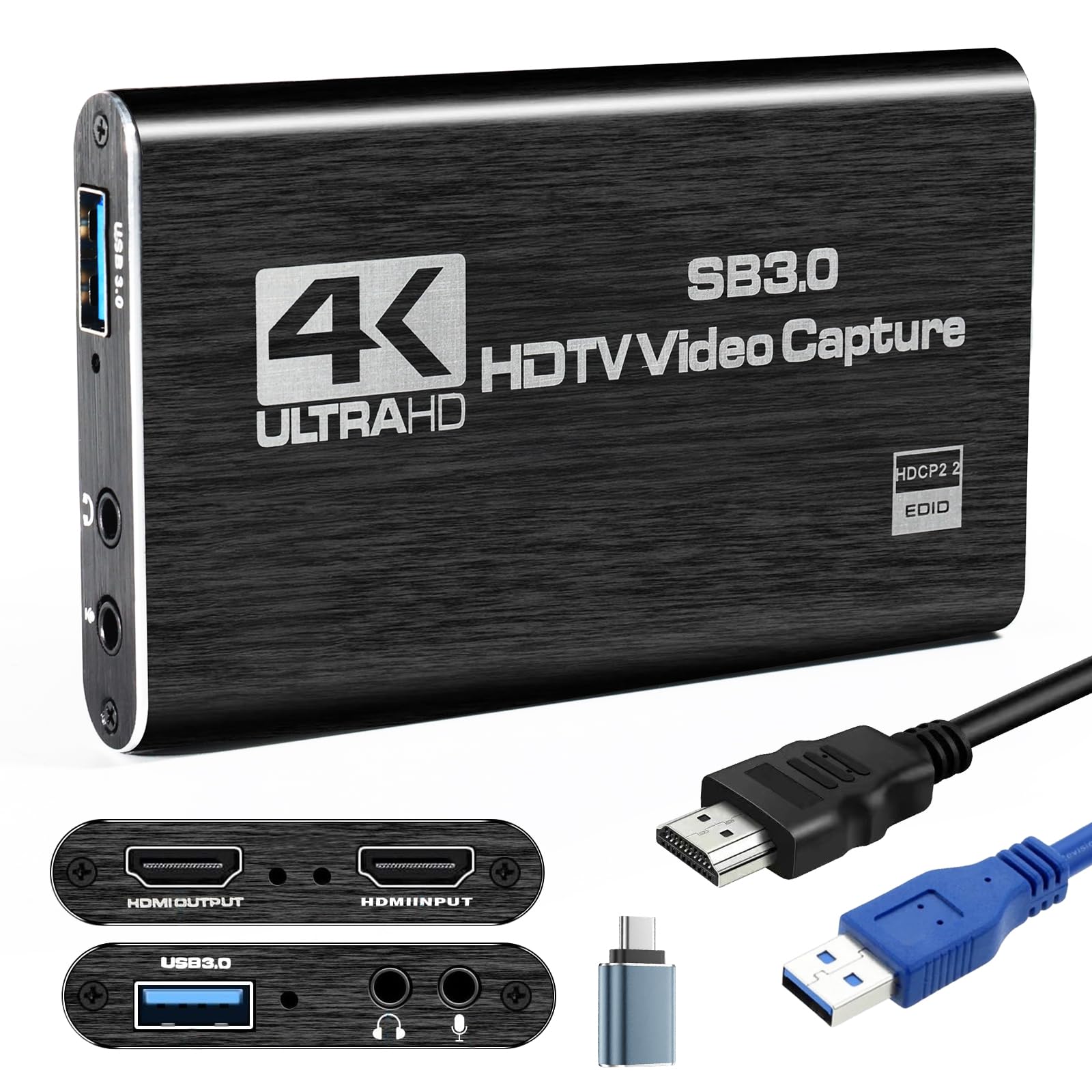 Scheda di Acquisizione Video 4K HDMI USB 3.0-1080p 60fps/2k 30fps Loop-Through - Compatibile PS5, Xbox Series X/S, PC, OBS - Per Streaming & Gaming Nero