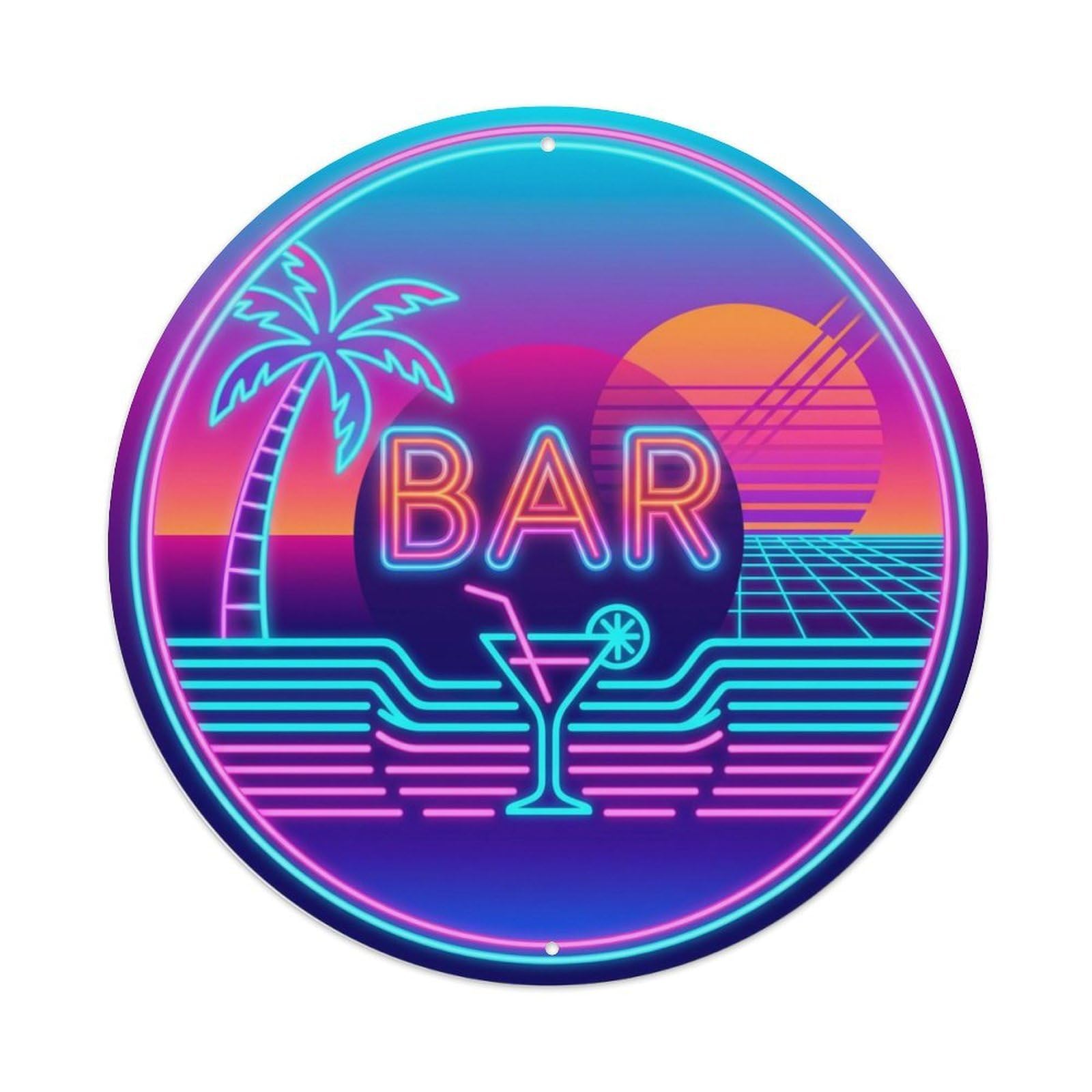 BAR Neon Sunset Shield Metal Tin Sign Plaque Wall Decor for Cafe, Club Bar, Office, Home Garden Round Metal Poster 8x8Inch