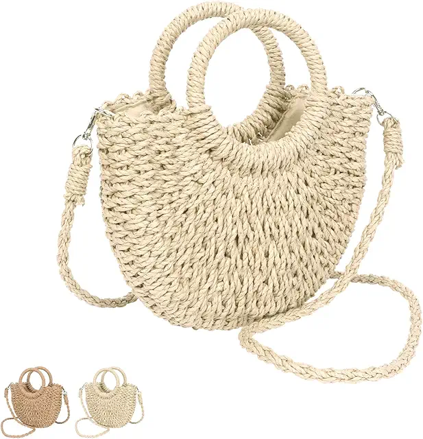 Hand Woven Straw Basket Bag for Women - Summer Tote with Shoulder Strap